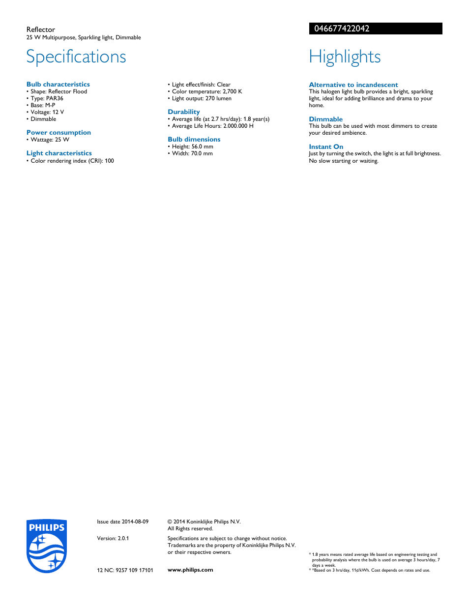 Specifications, Highlights | Philips 046677422042 User Manual | Page 2 / 2