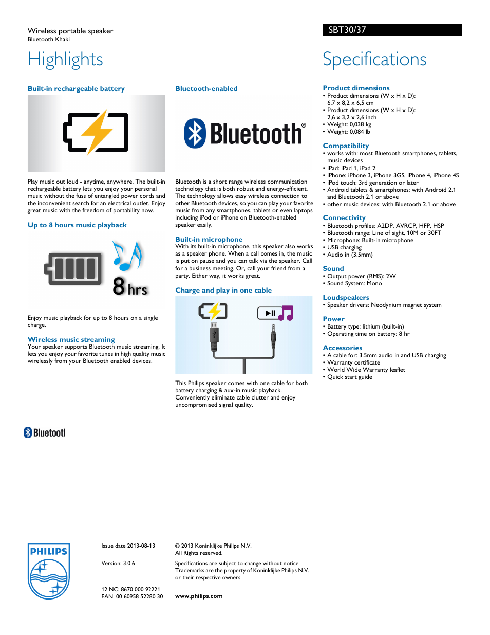 Highlights, Specifications, Sbt30/37 | Philips SBT30-37 User Manual | Page 2 / 2