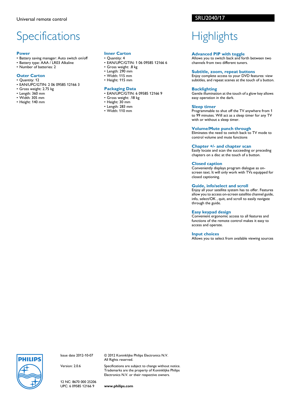 Specifications, Highlights | Philips SRU2040-17 User Manual | Page 2 / 2