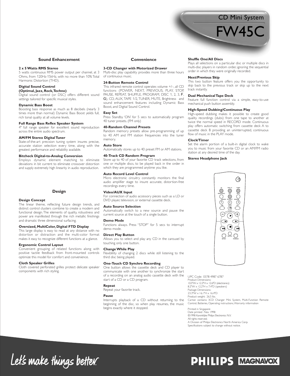 Fw45c, Cd mini system, Sound enhancement | Design, Convenience | Philips FW45C-37 User Manual | Page 2 / 2