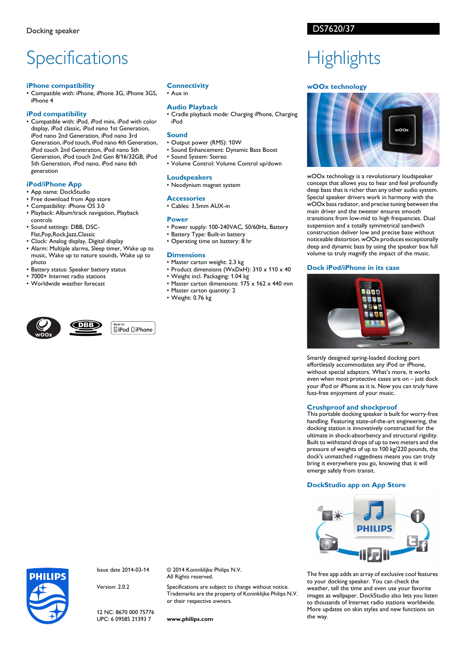 Specifications, Highlights | Philips DS7620-37 User Manual | Page 2 / 2