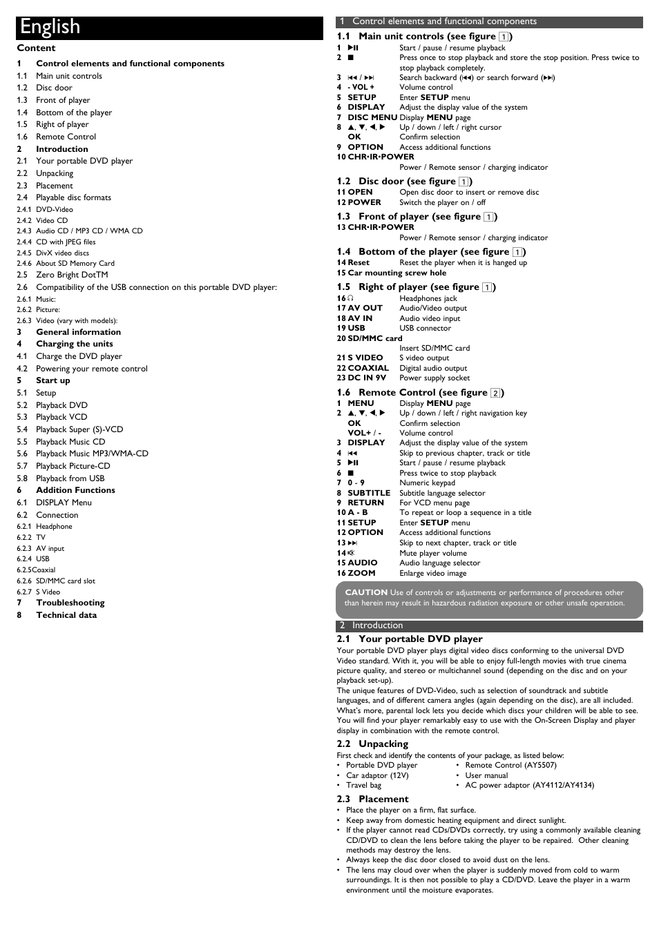 1 control elements and funct, 1 main unit controls, 2 disc door | 3 front of player, 4 bottom of the player, 5 right of player, 6 remote control, 2 introduction, 1 your portable dvd player, 2 unpacking | Philips PET1030-37B User Manual | Page 3 / 8