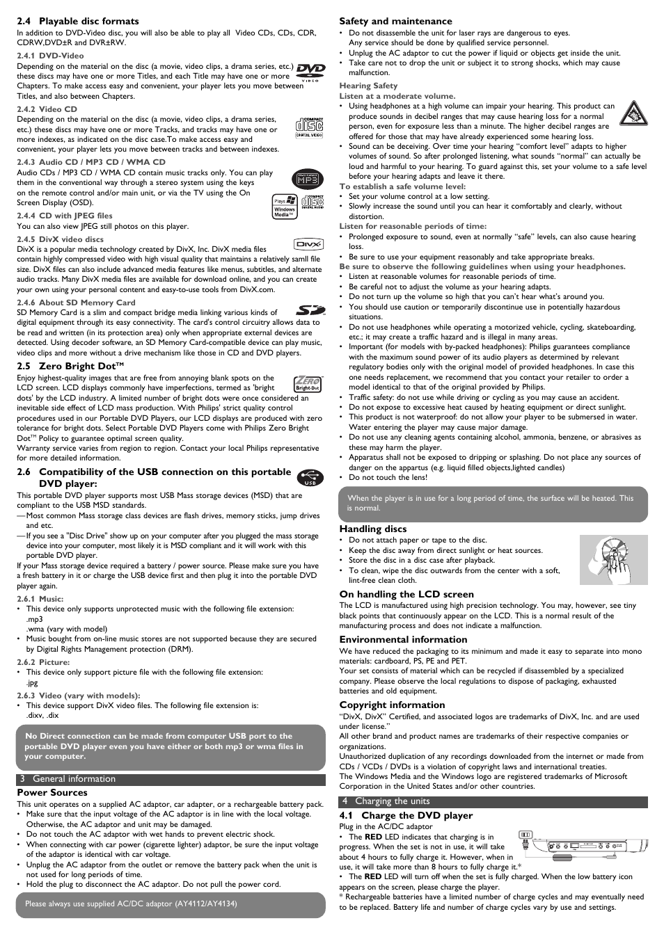 5 zero bright dottm, 6 compatibility of the usb, 1 music | 2 picture, 3 video (vary with models), 3 general information, 4 charging the units, 1 charge the dvd player | Philips PET1030-37B User Manual | Page 4 / 8