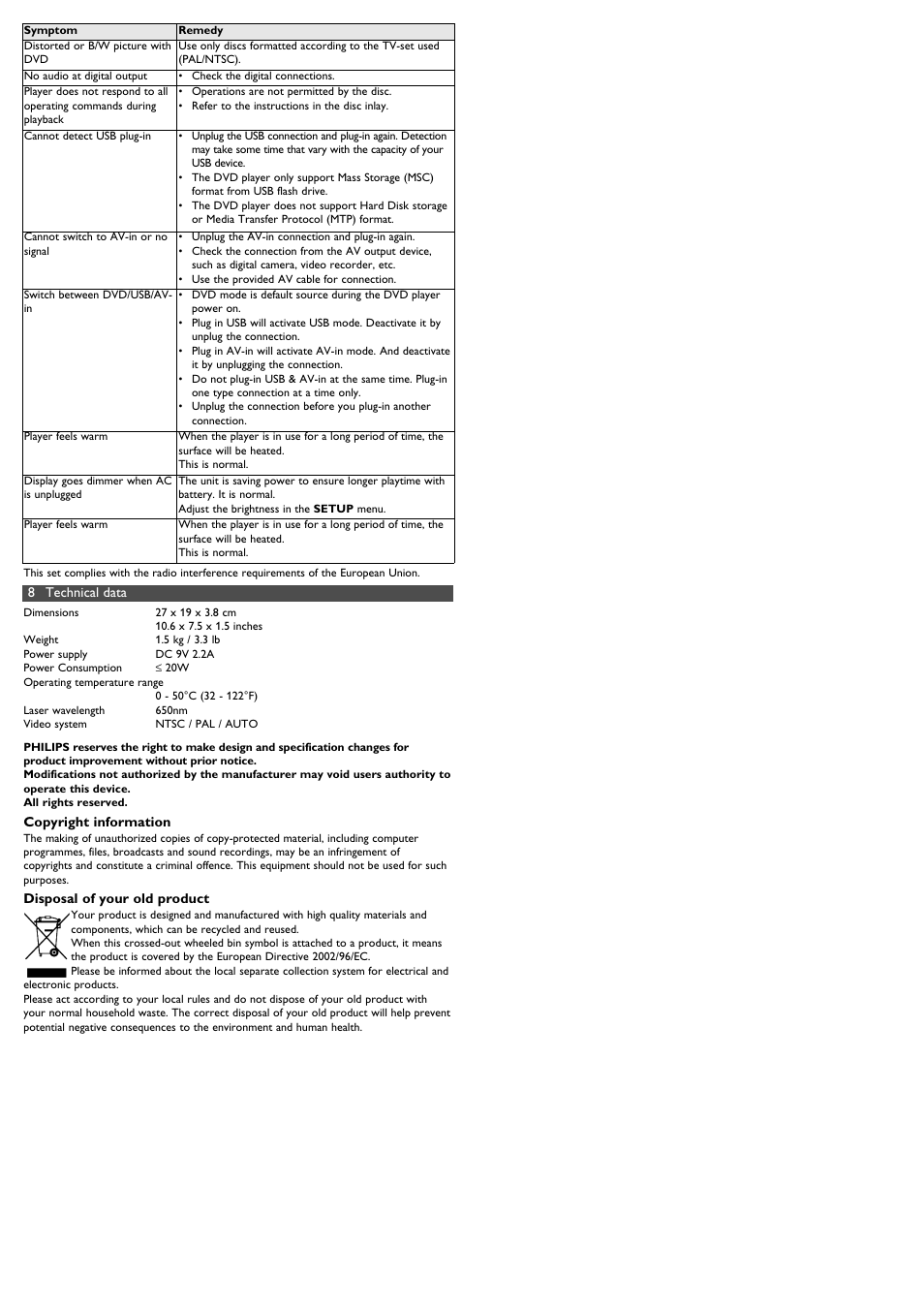 5coaxial, 6 sd/mmc card slot, 7 s video | 7 troubleshooting, 8 technical data | Philips PET1030-37B User Manual | Page 7 / 8