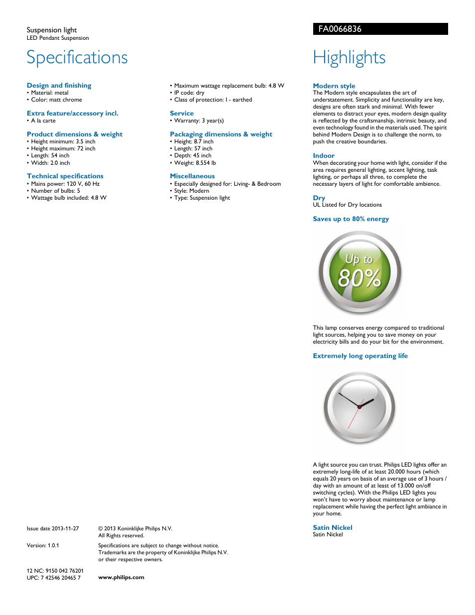 Specifications, Highlights | Philips FA0066836 User Manual | Page 2 / 2