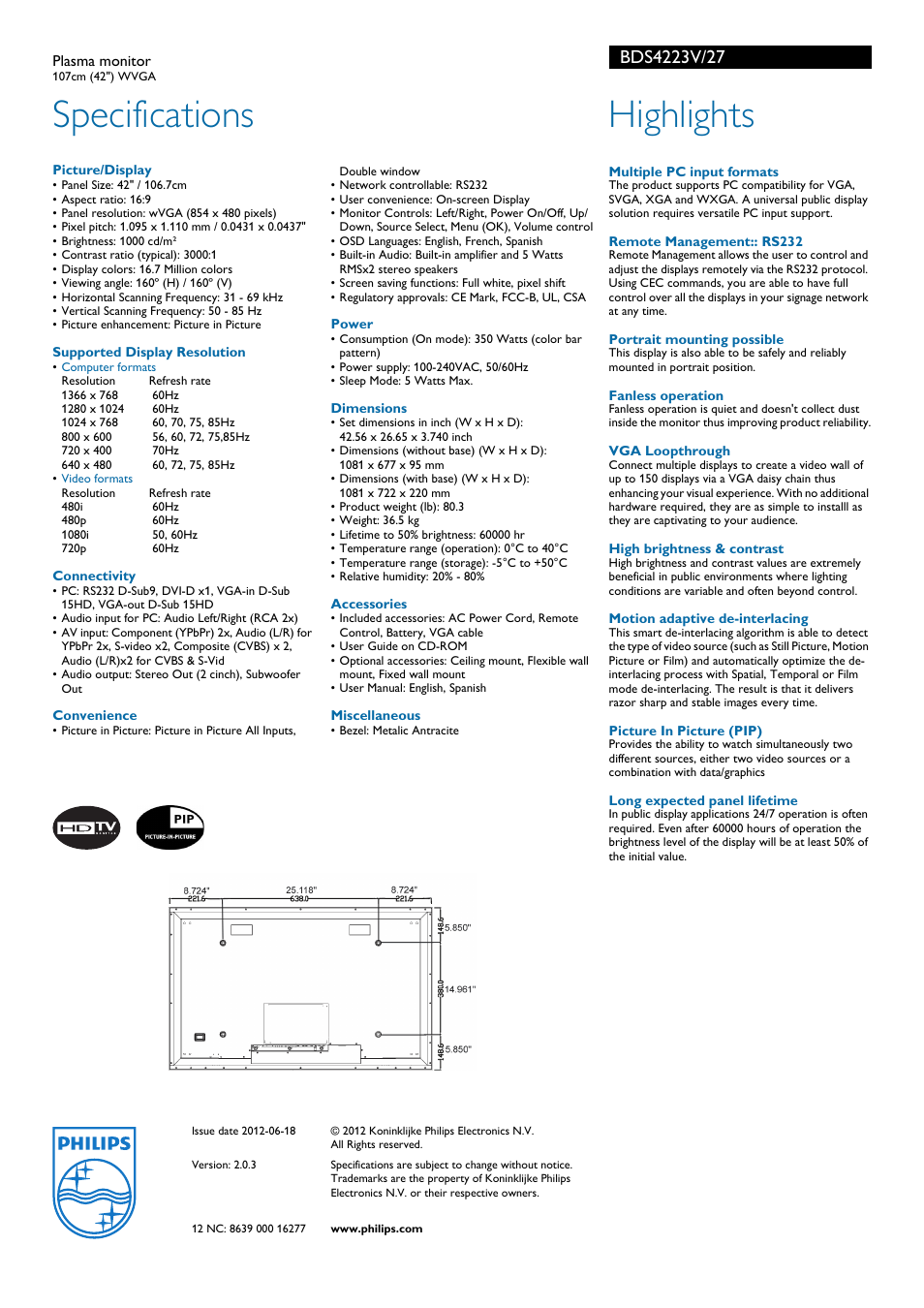 Specifications, Highlights | Philips BDS4223V-27B User Manual | Page 2 / 2