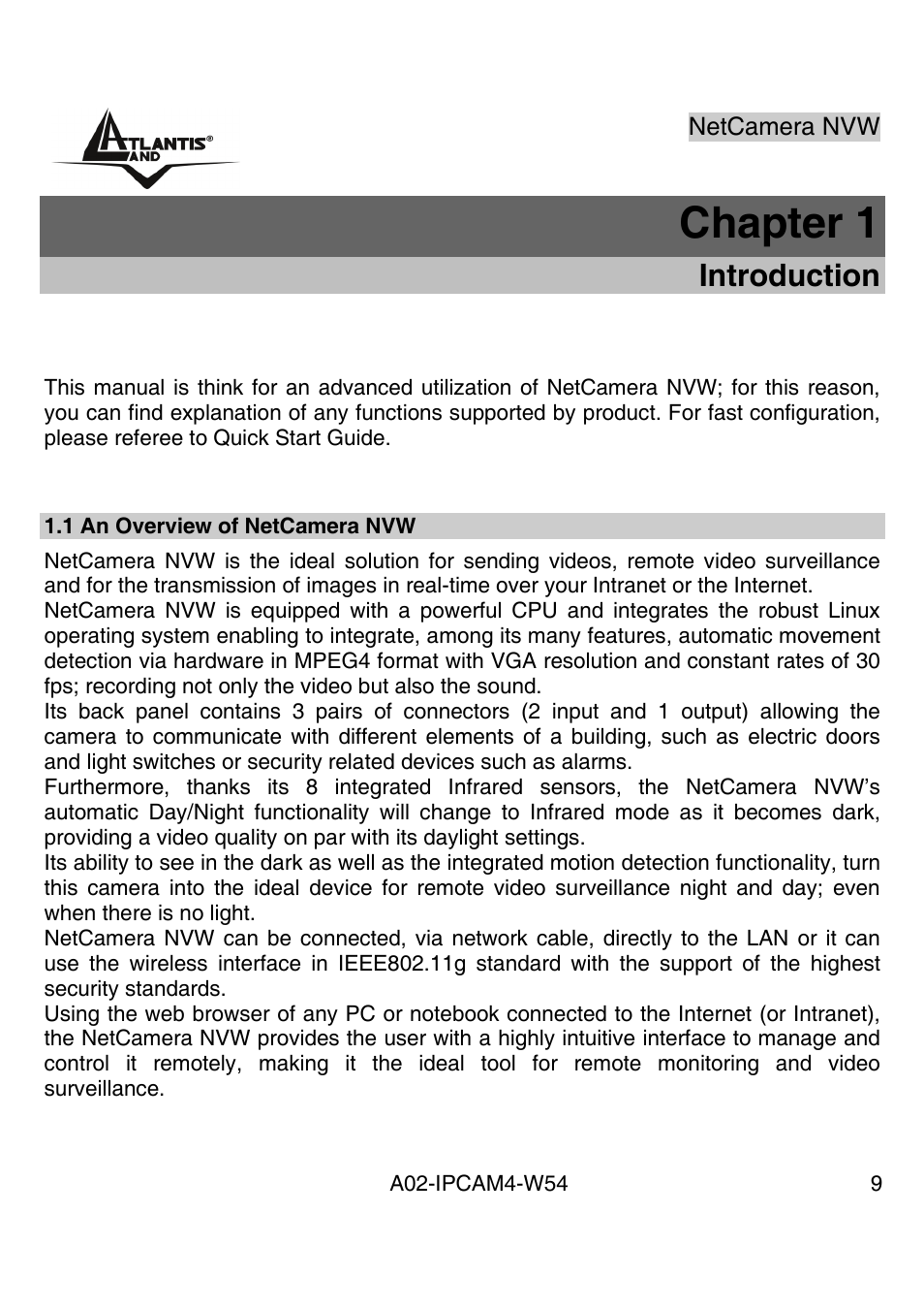Chapter 1, Introduction | Atlantis Land A02-IPCAM4-W54 User Manual | Page 8 / 85