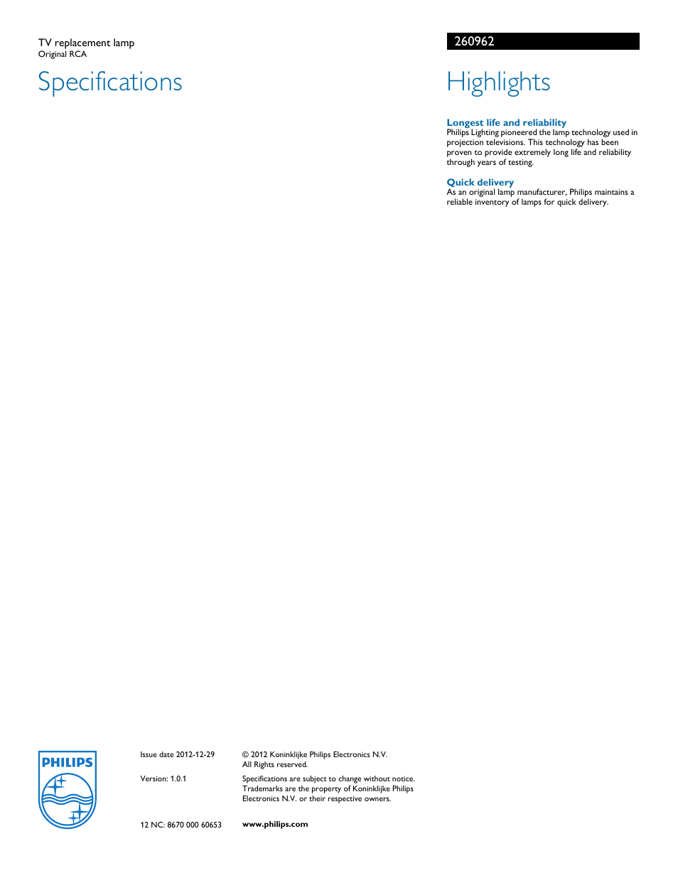 Specifications, Highlights | Philips 260962 User Manual | Page 2 / 2