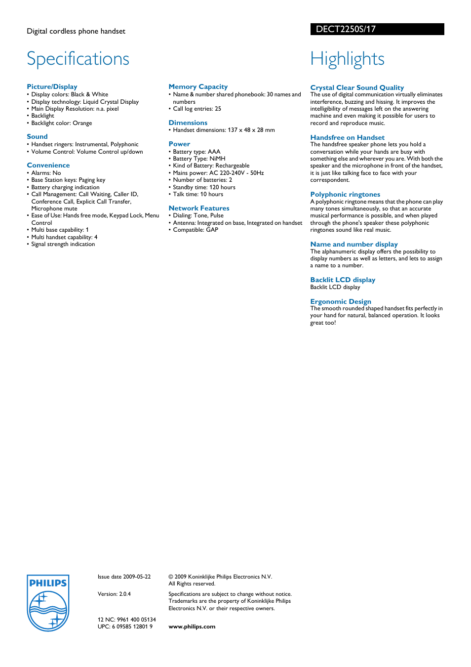 Specifications, Highlights | Philips DECT2250S-17 User Manual | Page 2 / 2