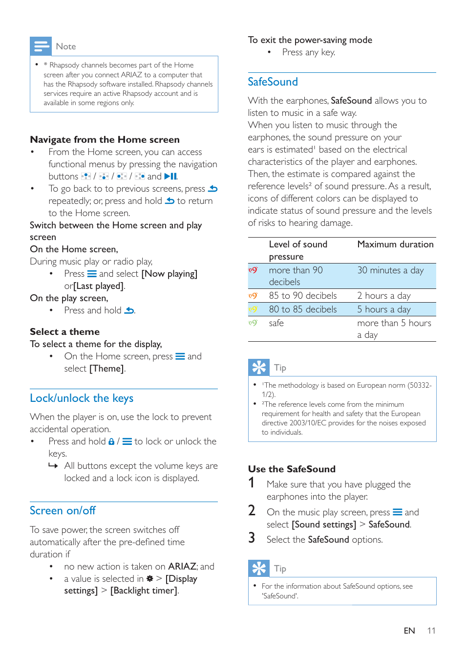 Lock/unlock the keys, Screen on/off, Safesound | Safesound 11 | Philips SA4ARA16KF-37 User Manual | Page 11 / 40