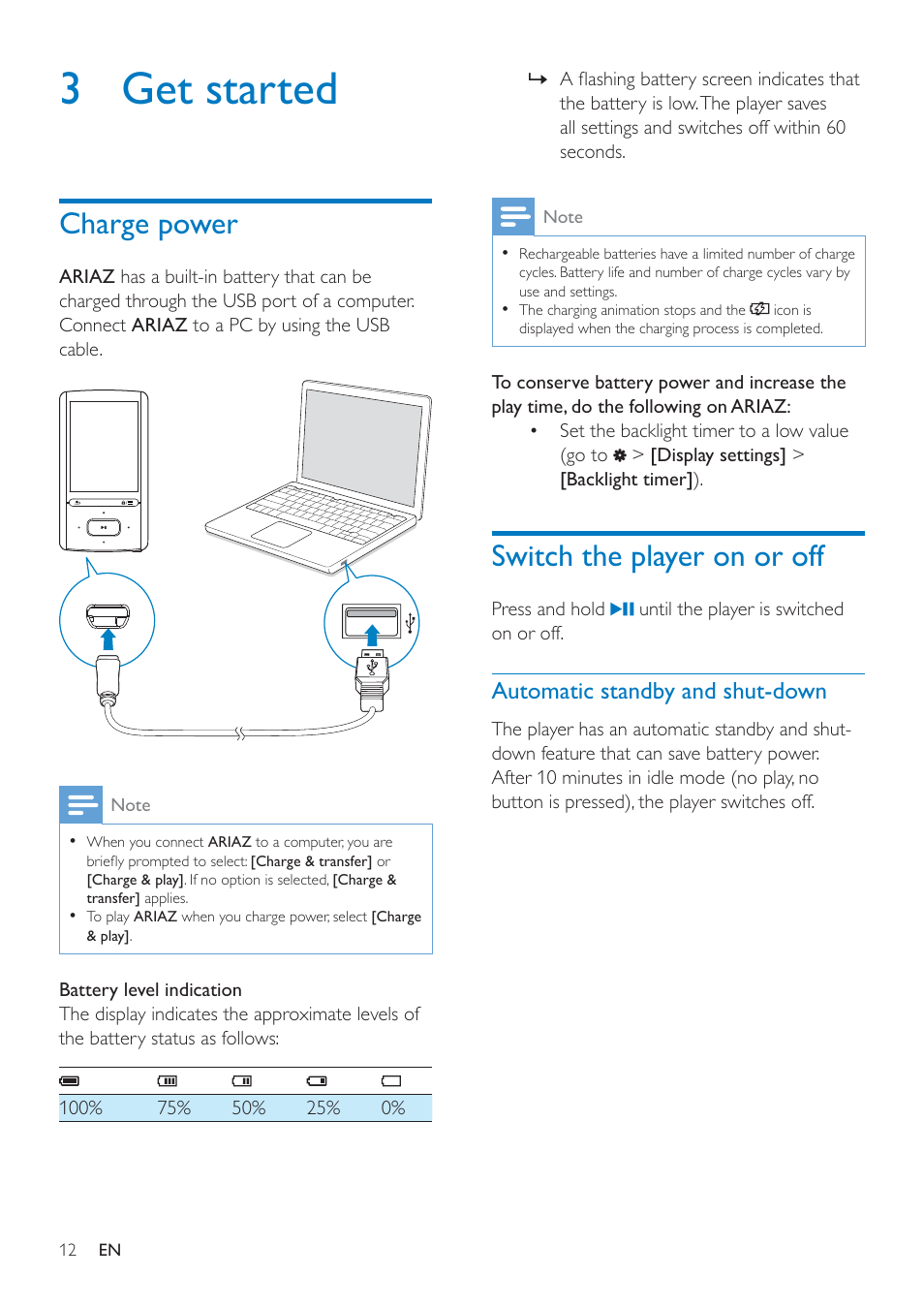 3 get started, Charge power, Switch the player on or off | Automatic standby and shut-down, 3 get, Started | Philips SA4ARA16KF-37 User Manual | Page 12 / 40