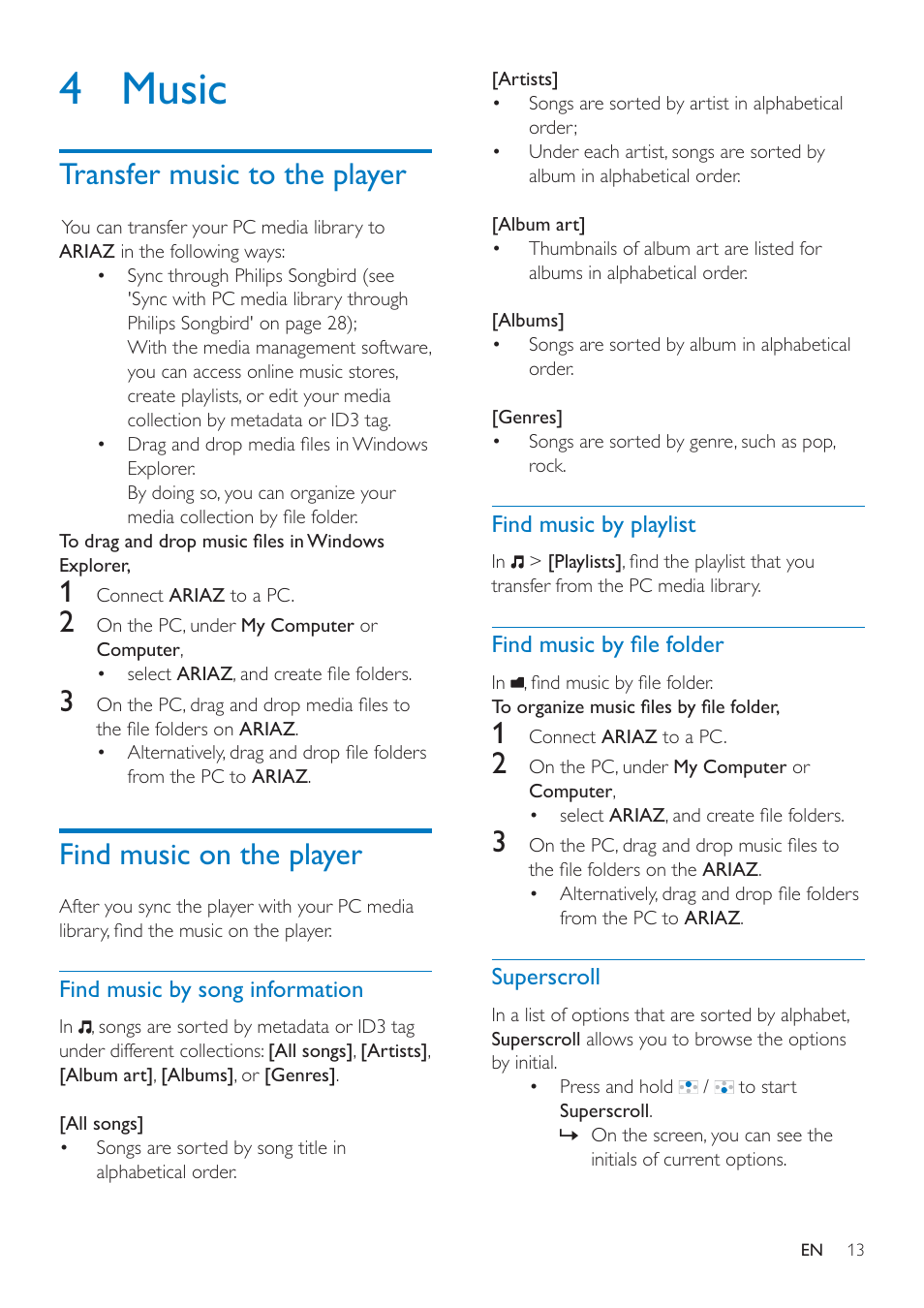 4 music, Transfer music to the player, Find music on the player | Find music by song information, Find music by playlist, Find music by file folder, Superscroll, Lqg pxvlf e\ àoh iroghu, Superscroll 13 | Philips SA4ARA16KF-37 User Manual | Page 13 / 40