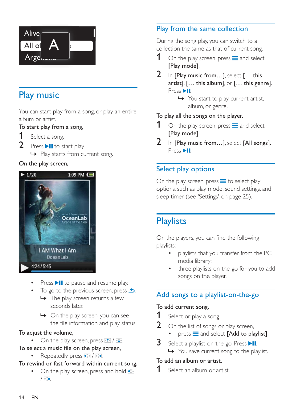 Play music, Play from the same collection, Select play options | Playlists, Add songs to a playlist-on-the-go, Playlists 14 | Philips SA4ARA16KF-37 User Manual | Page 14 / 40