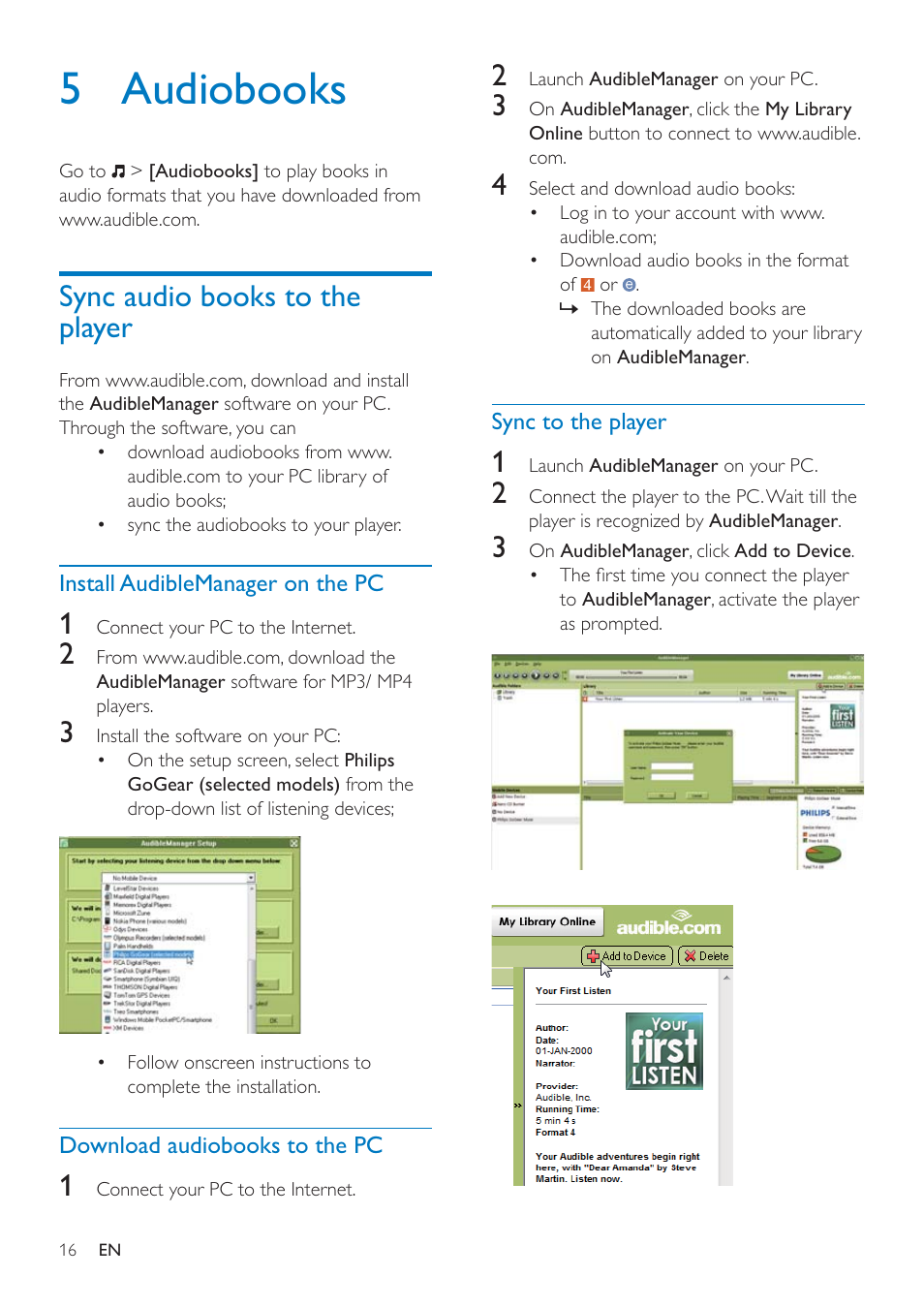 5 audiobooks, Sync audio books to the player, Install audiblemanager on the pc | Download audiobooks to the pc, Sync to the player | Philips SA4ARA16KF-37 User Manual | Page 16 / 40