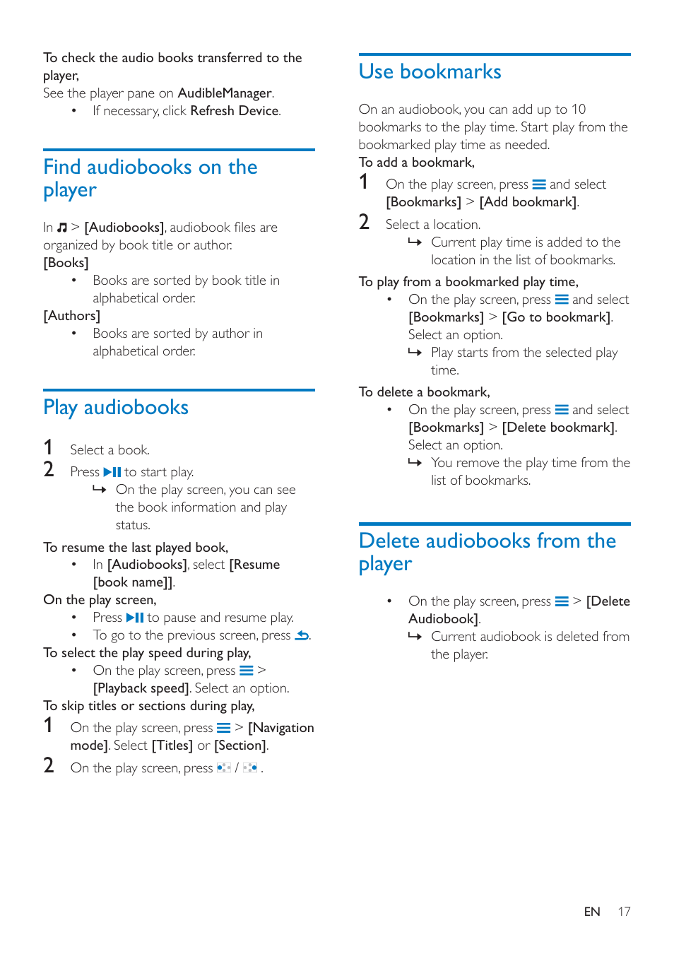 Find audiobooks on the player, Play audiobooks, Use bookmarks | Delete audiobooks from the player, Play audiobooks 1 | Philips SA4ARA16KF-37 User Manual | Page 17 / 40