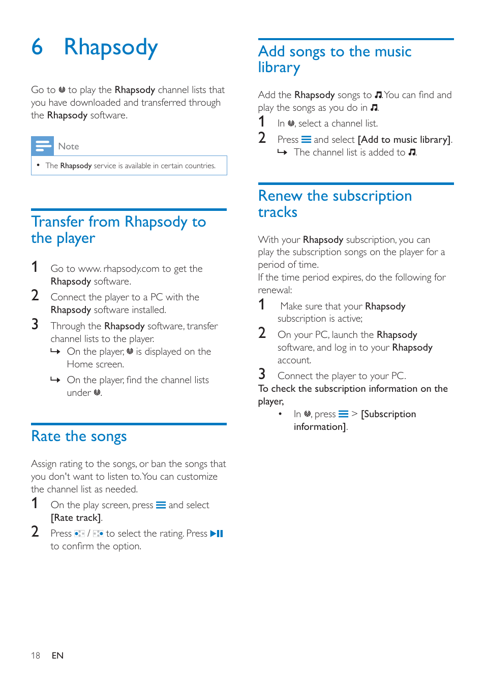 6 rhapsody, Transfer from rhapsody to the player, Rate the songs | Add songs to the music library, Renew the subscription tracks, Transfer from rhapsody to the player 1 | Philips SA4ARA16KF-37 User Manual | Page 18 / 40