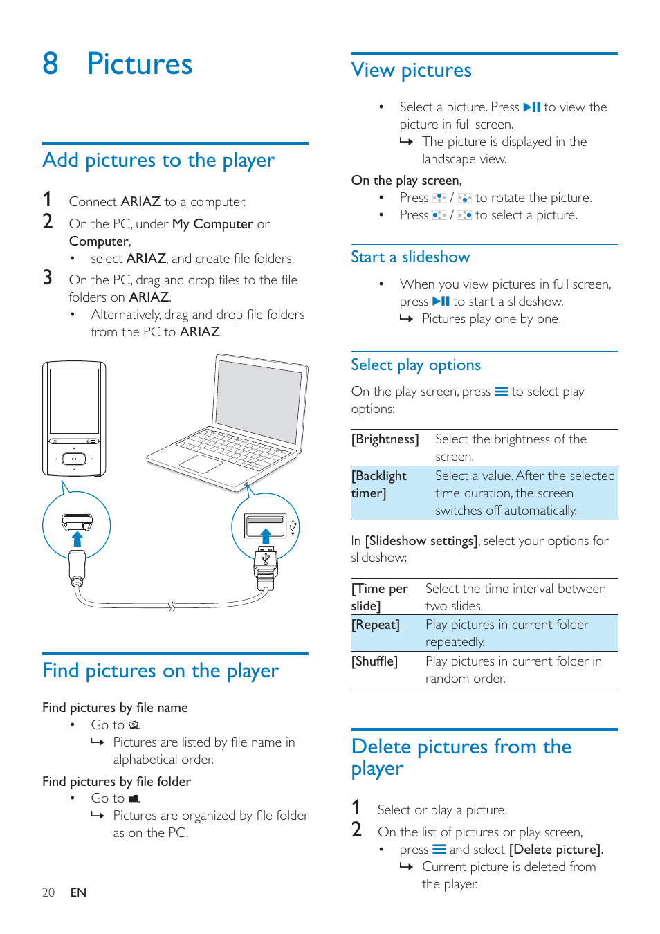 8 pictures, Add pictures to the player, Find pictures on the player | View pictures, Start a slideshow, Select play options, Delete pictures from the player | Philips SA4ARA16KF-37 User Manual | Page 20 / 40