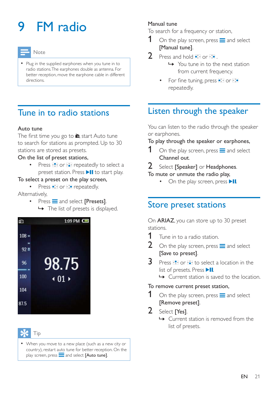 9 fm radio, Tune in to radio stations, Listen through the speaker | Store preset stations, 9 fm, Radio | Philips SA4ARA16KF-37 User Manual | Page 21 / 40