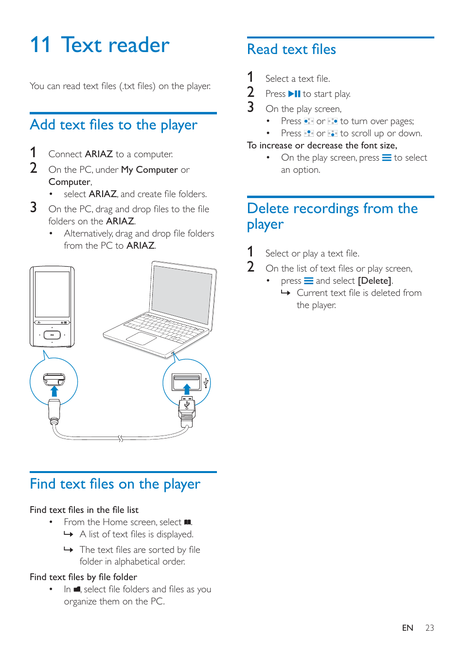 11 text reader, Add text files to the player, Find text files on the player | Read text files, Delete recordings from the player, Gg wh[w àohv wr wkh sod\hu, Lqg wh[w àohv rq wkh sod\hu, 5hdg wh[w àohv | Philips SA4ARA16KF-37 User Manual | Page 23 / 40