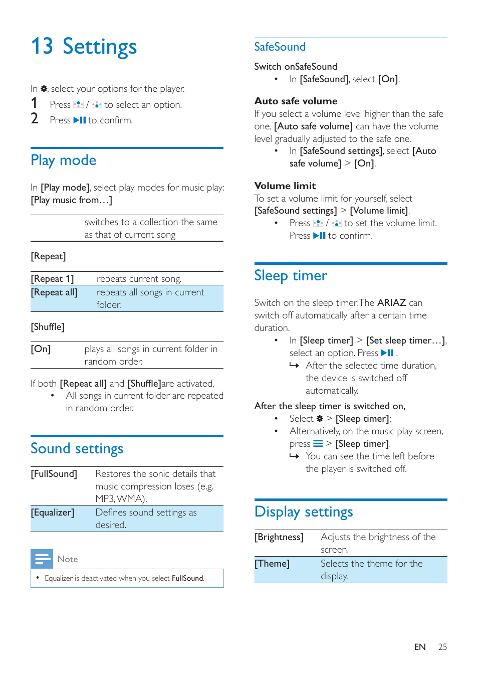 13 settings, Play mode, Sound settings | Safesound, Sleep timer, Display settings, Safesound 25 | Philips SA4ARA16KF-37 User Manual | Page 25 / 40