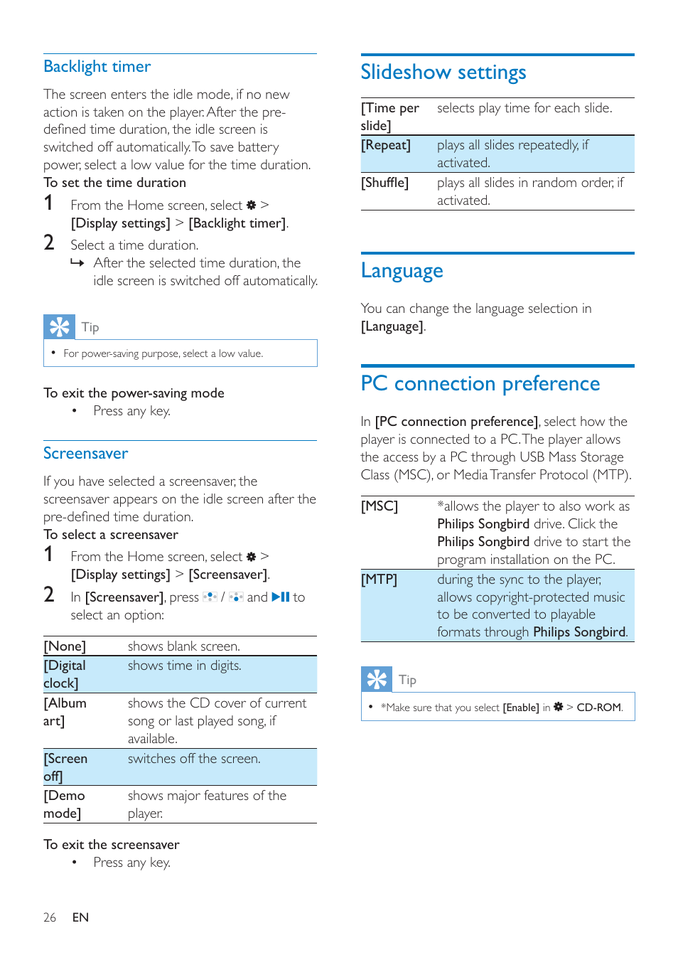 Backlight timer, Screensaver, Slideshow settings | Language, Pc connection preference, Screensaver 26, Language 26 pc connection preference | Philips SA4ARA16KF-37 User Manual | Page 26 / 40