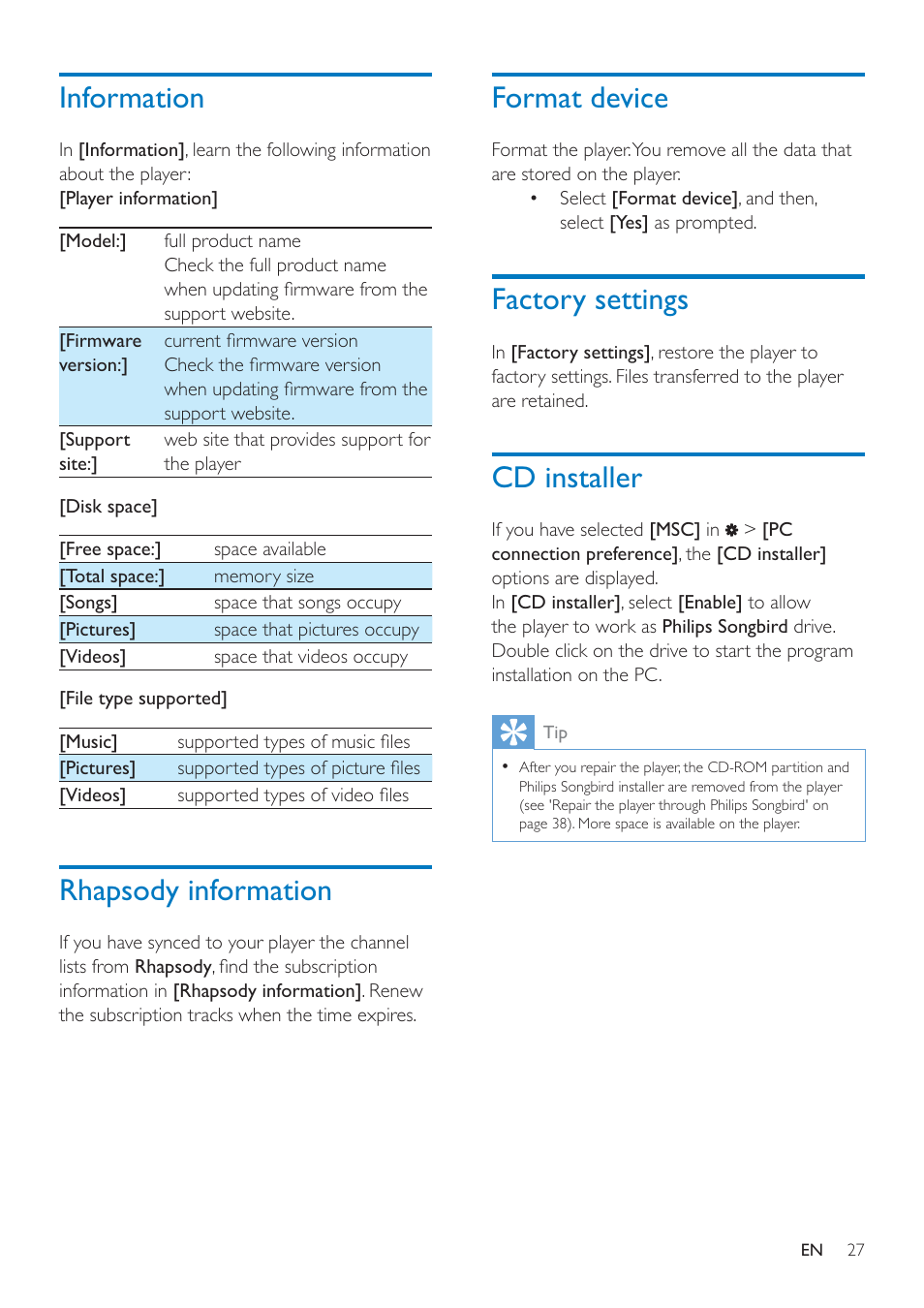 Information, Rhapsody information, Format device | Factory settings, Cd installer, Information 27 rhapsody information | Philips SA4ARA16KF-37 User Manual | Page 27 / 40