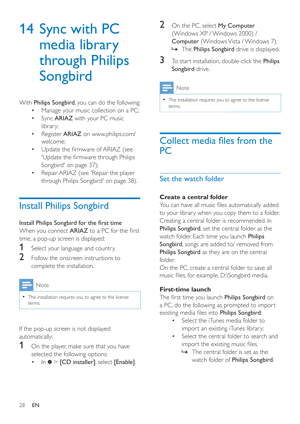 Install philips songbird, Collect media files from the pc, Set the watch folder | 14 sync with pc media library, Through philips songbird, Roohfw phgld àohv iurp wkh 3, Roohfw phgld àohv iurp wkh pc | Philips SA4ARA16KF-37 User Manual | Page 28 / 40