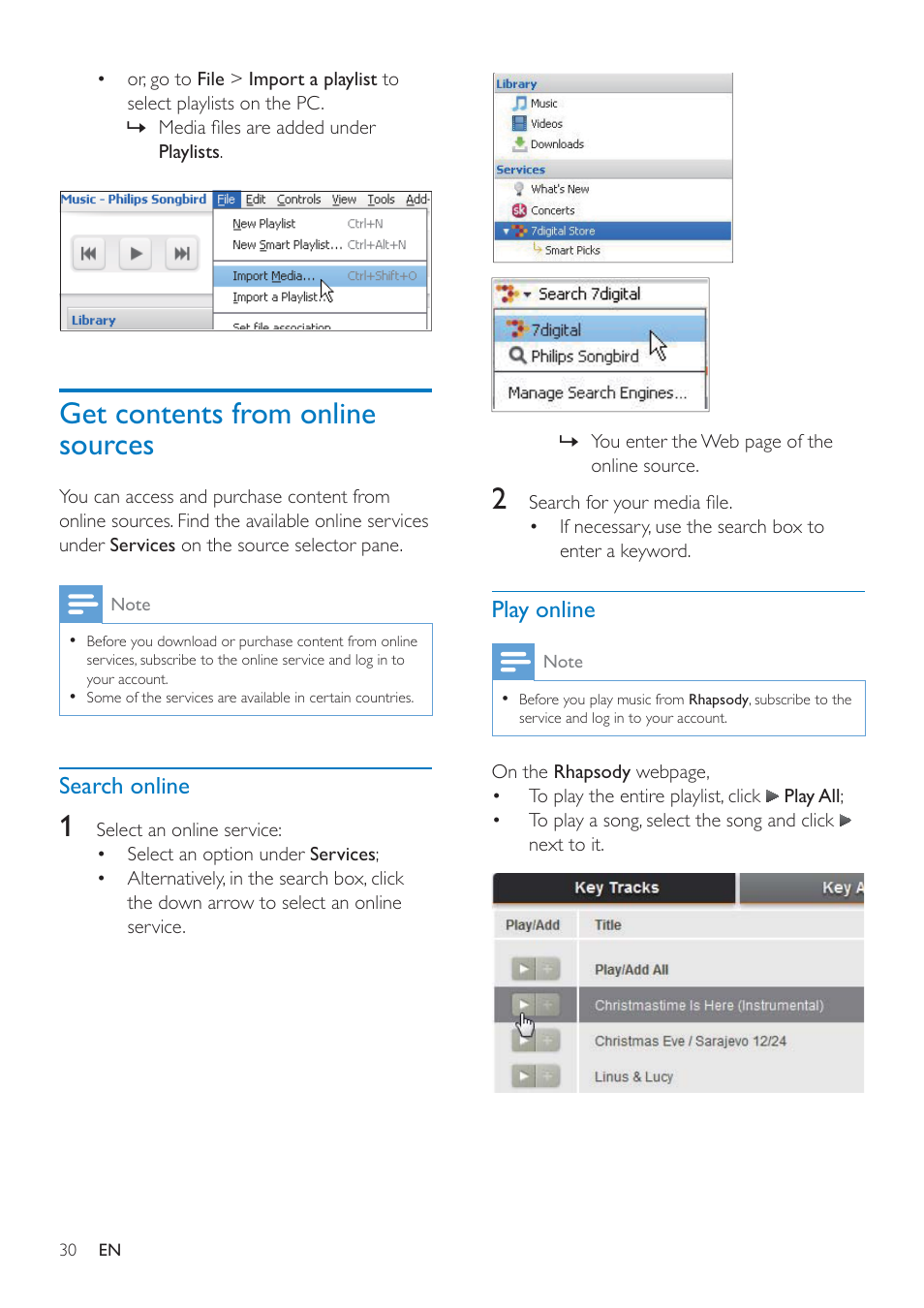 Get contents from online sources, Search online, Play online | Philips SA4ARA16KF-37 User Manual | Page 30 / 40