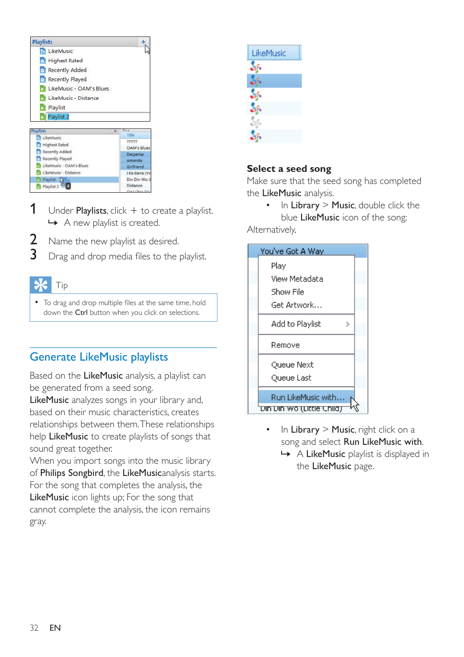 Generate likemusic playlists | Philips SA4ARA16KF-37 User Manual | Page 32 / 40