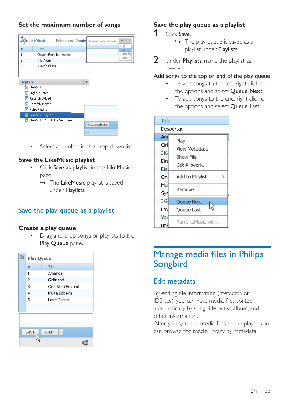 Save the play queue as a playlist, Manage media files in philips songbird, Edit metadata | 0dqdjh phgld àohv lq 3klolsv 6rqjelug | Philips SA4ARA16KF-37 User Manual | Page 33 / 40