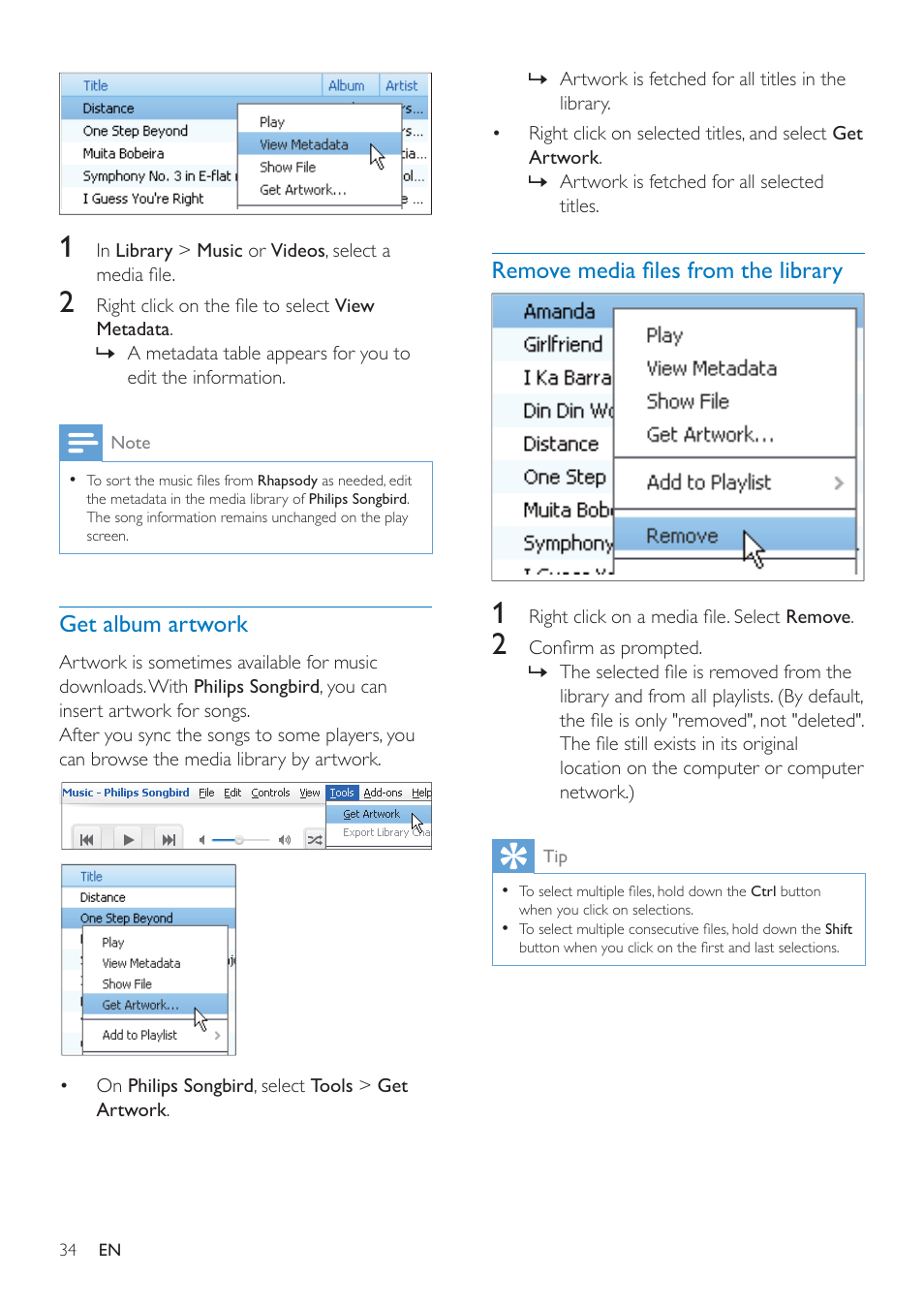 Get album artwork, Remove media files from the library, 5hpryh phgld àohv iurp wkh oleudu | Philips SA4ARA16KF-37 User Manual | Page 34 / 40