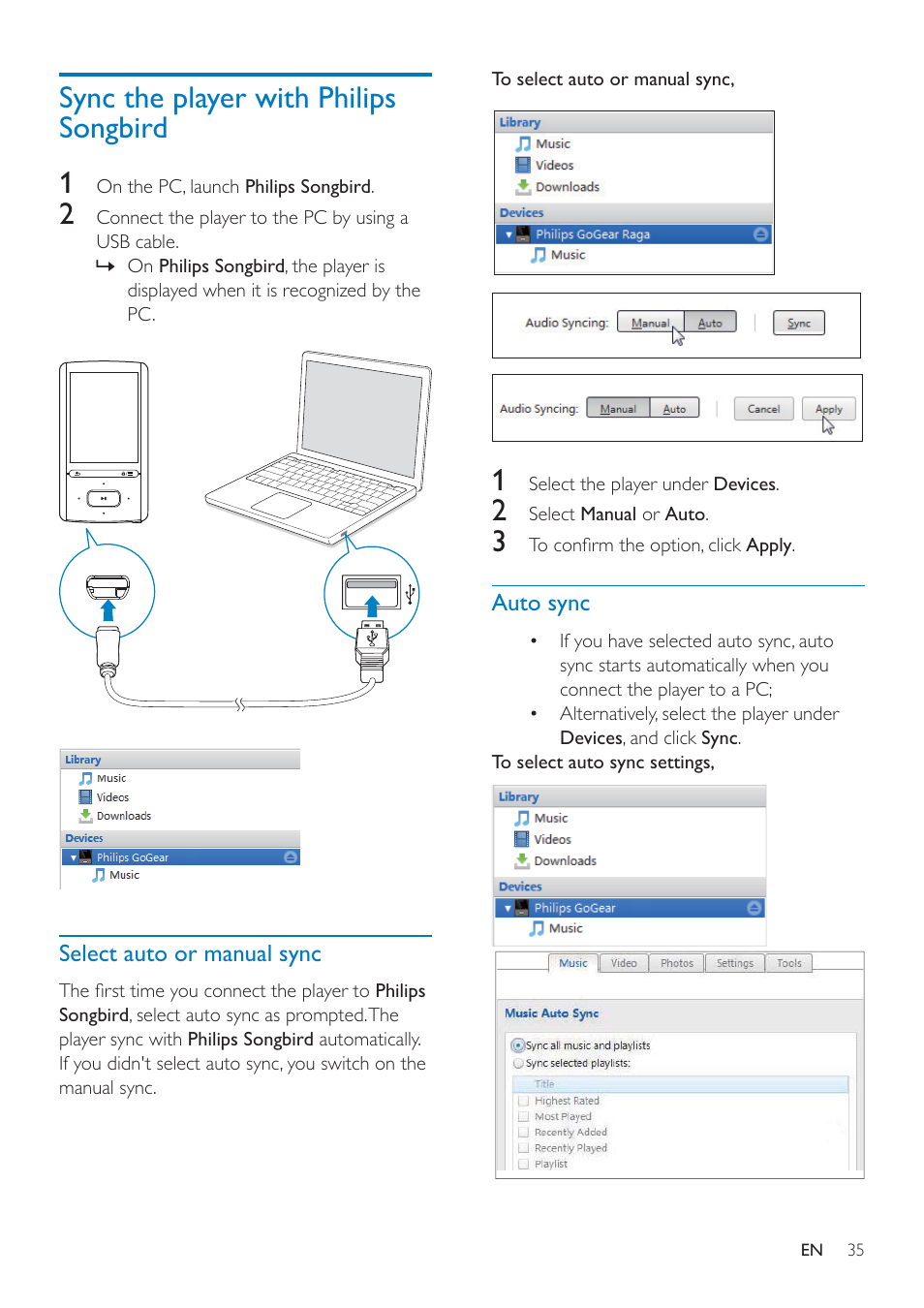 Sync the player with philips songbird, Select auto or manual sync, Auto sync | Philips SA4ARA16KF-37 User Manual | Page 35 / 40