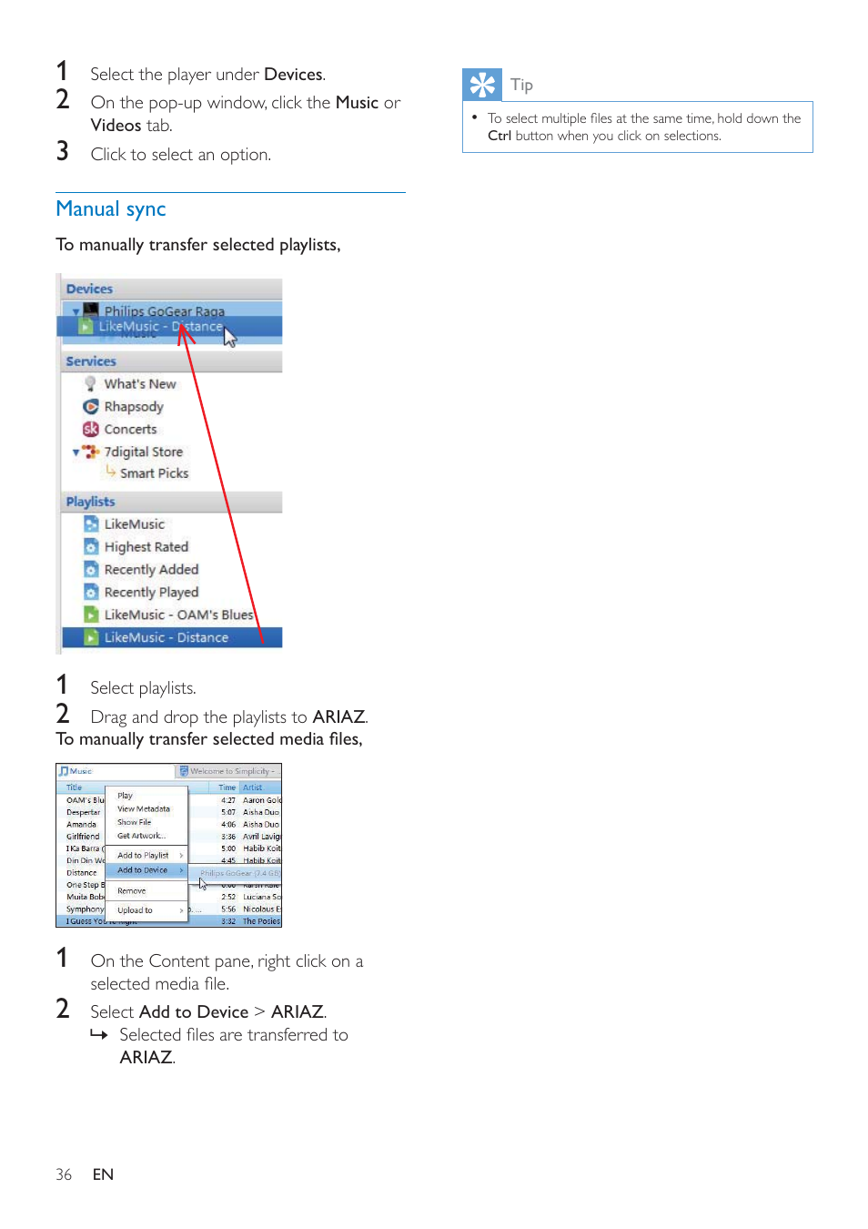 Manual sync | Philips SA4ARA16KF-37 User Manual | Page 36 / 40