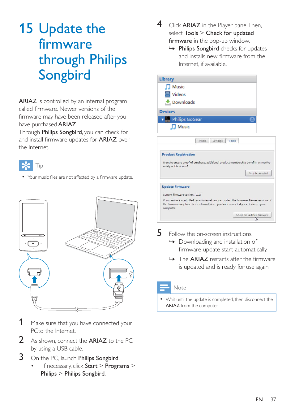 15 update the firmware through philips songbird, 8sgdwh wkh àupzduh wkurxjk, Philips songbird | 8sgdwh wkh àupzduh ri $5 | Philips SA4ARA16KF-37 User Manual | Page 37 / 40