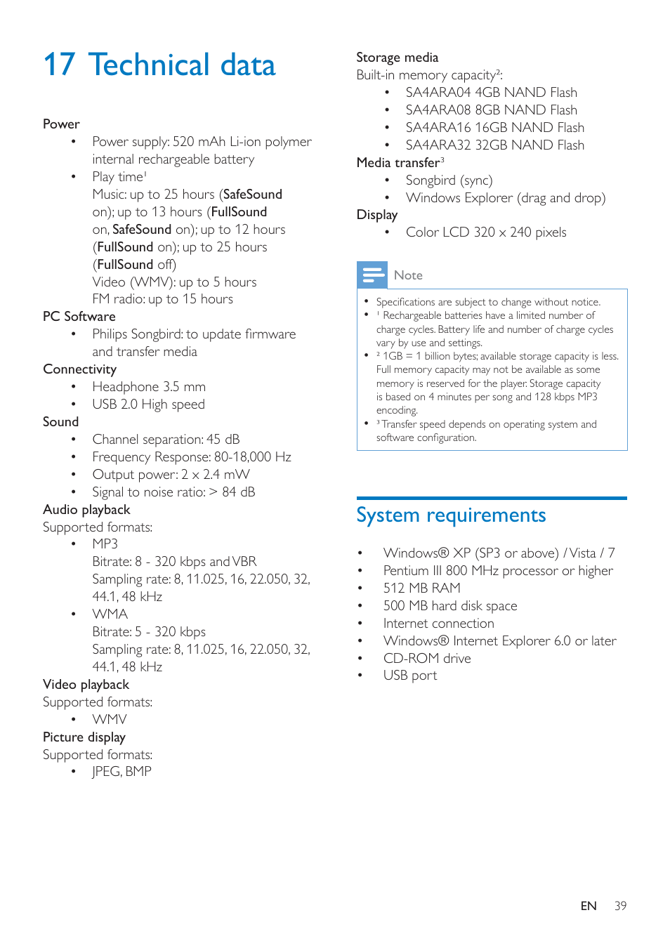 17 technical data, System requirements | Philips SA4ARA16KF-37 User Manual | Page 39 / 40