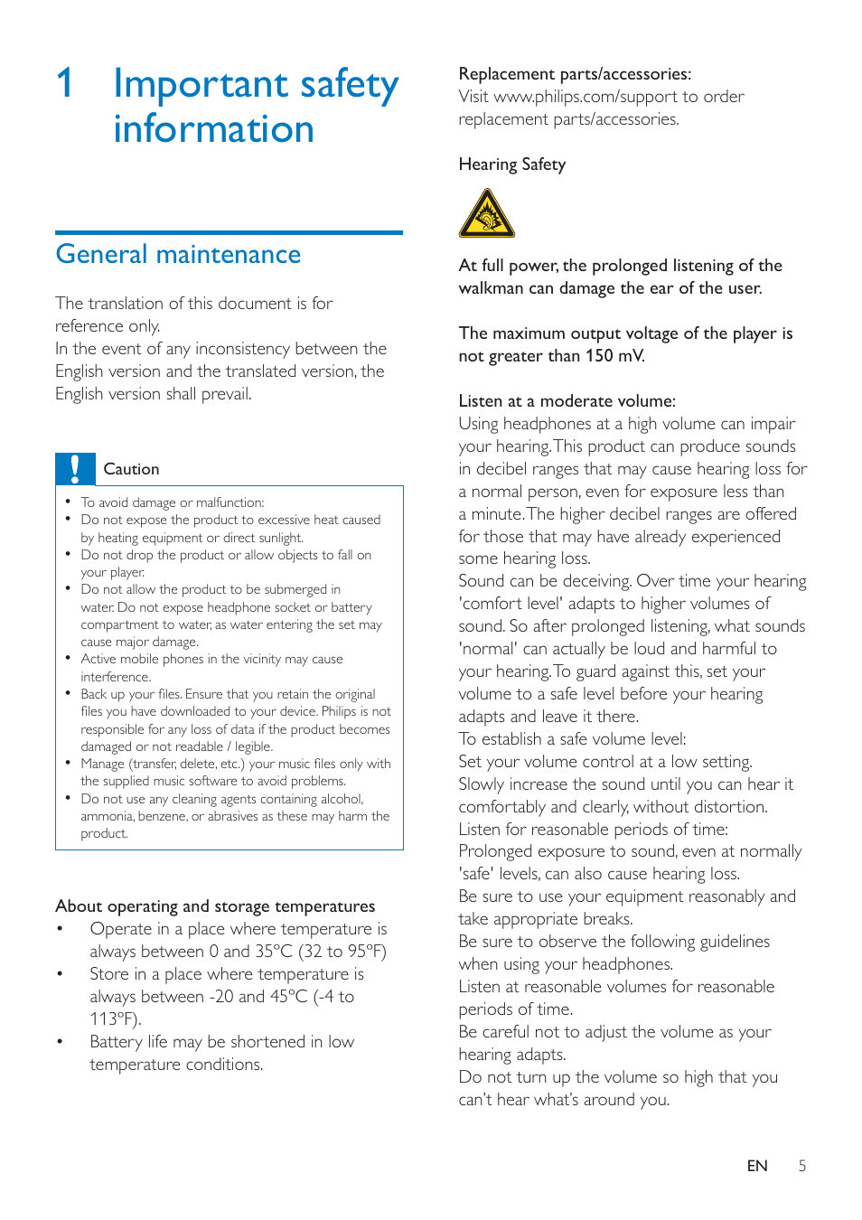 1 important safety information, General maintenance | Philips SA4ARA16KF-37 User Manual | Page 5 / 40