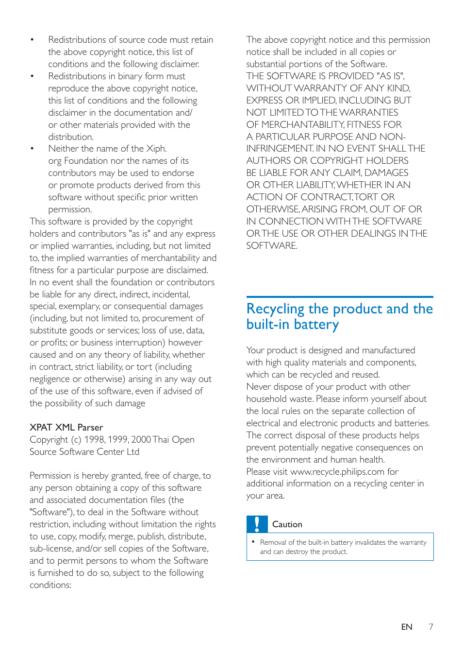 Recycling the product and the built-in battery, Recycling the product and the built-in, Battery 7 | Philips SA4ARA16KF-37 User Manual | Page 7 / 40