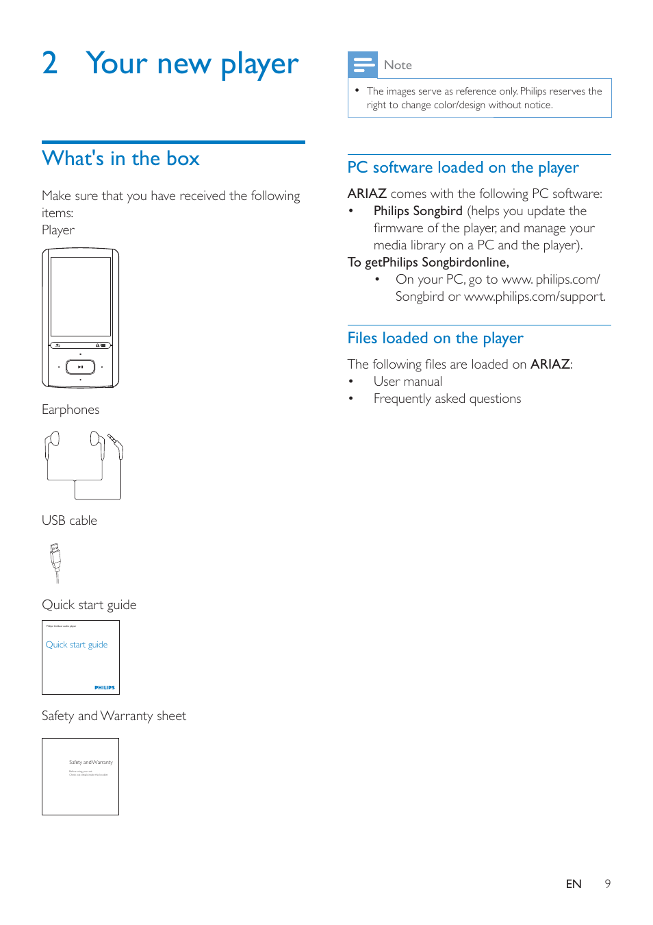 2 your new player, What's in the box, Pc software loaded on the player | Files loaded on the player | Philips SA4ARA16KF-37 User Manual | Page 9 / 40