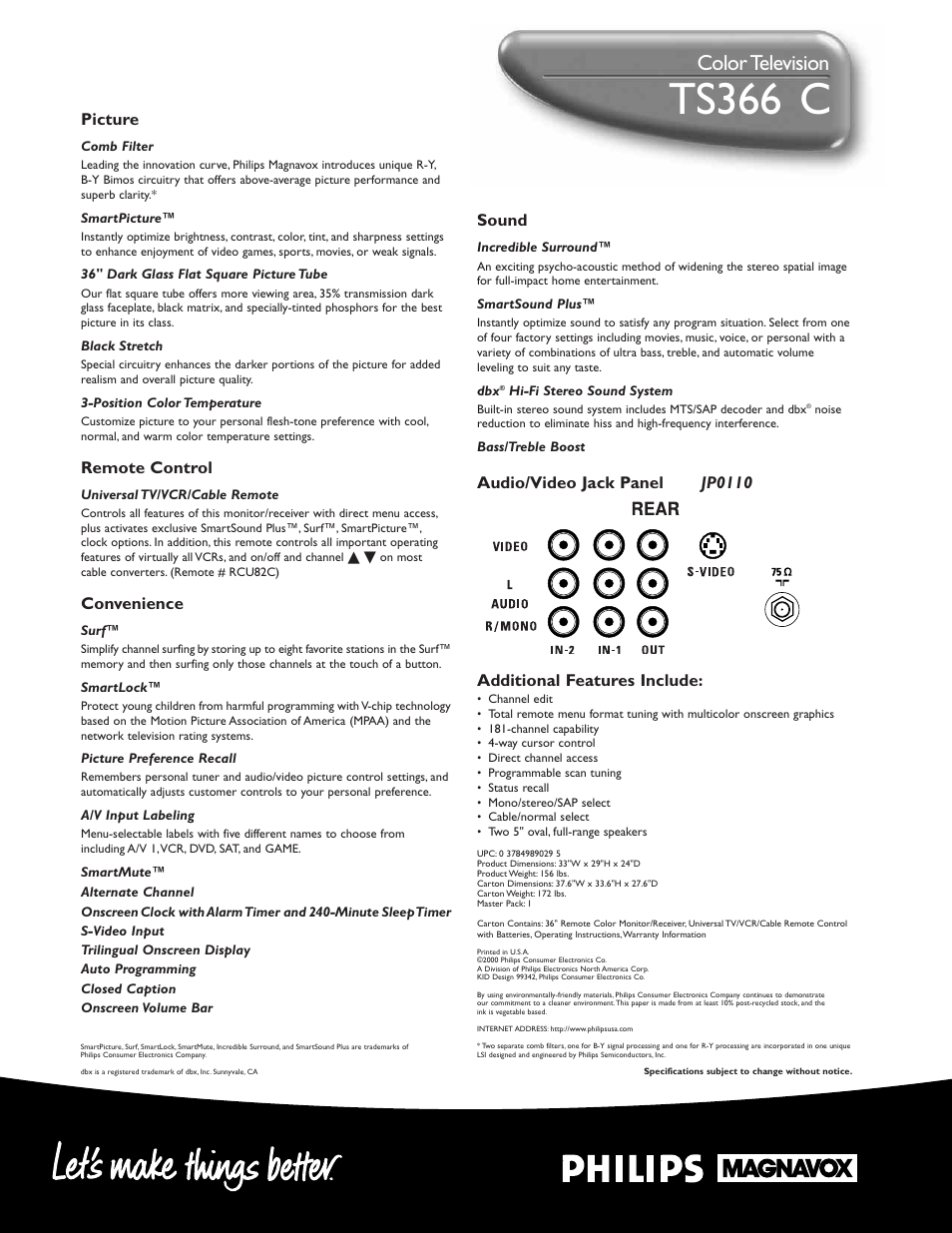 Ts366 1 c, Color television | Philips TS3661C User Manual | Page 2 / 2