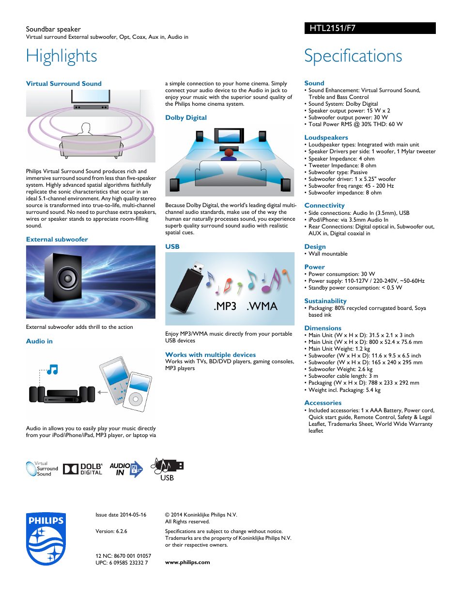 Highlights, Specifications | Philips HTL2151-F7 User Manual | Page 2 / 2
