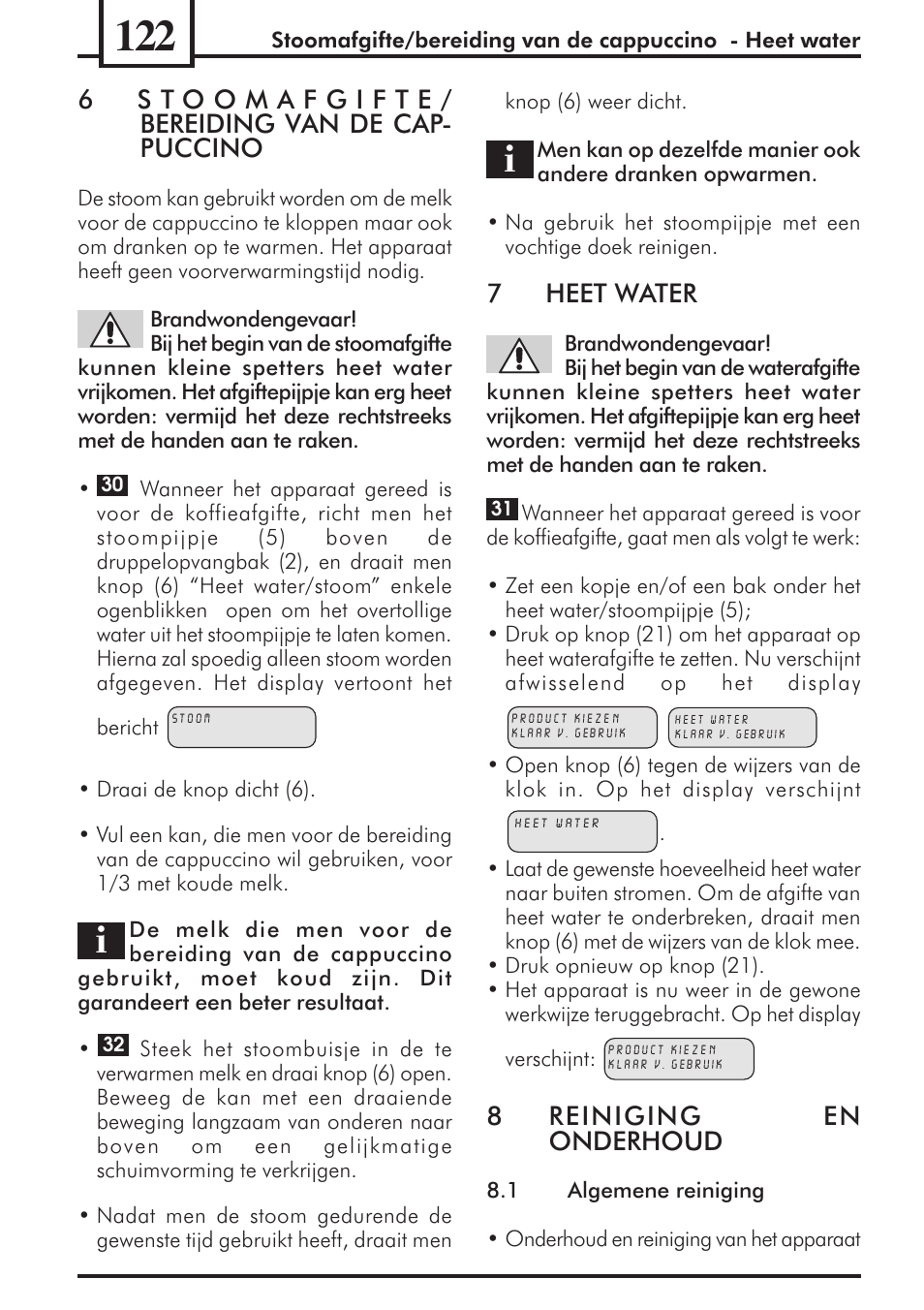 7heet water, 8reiniging en onderhoud | Philips 741453007 User Manual | Page 122 / 132