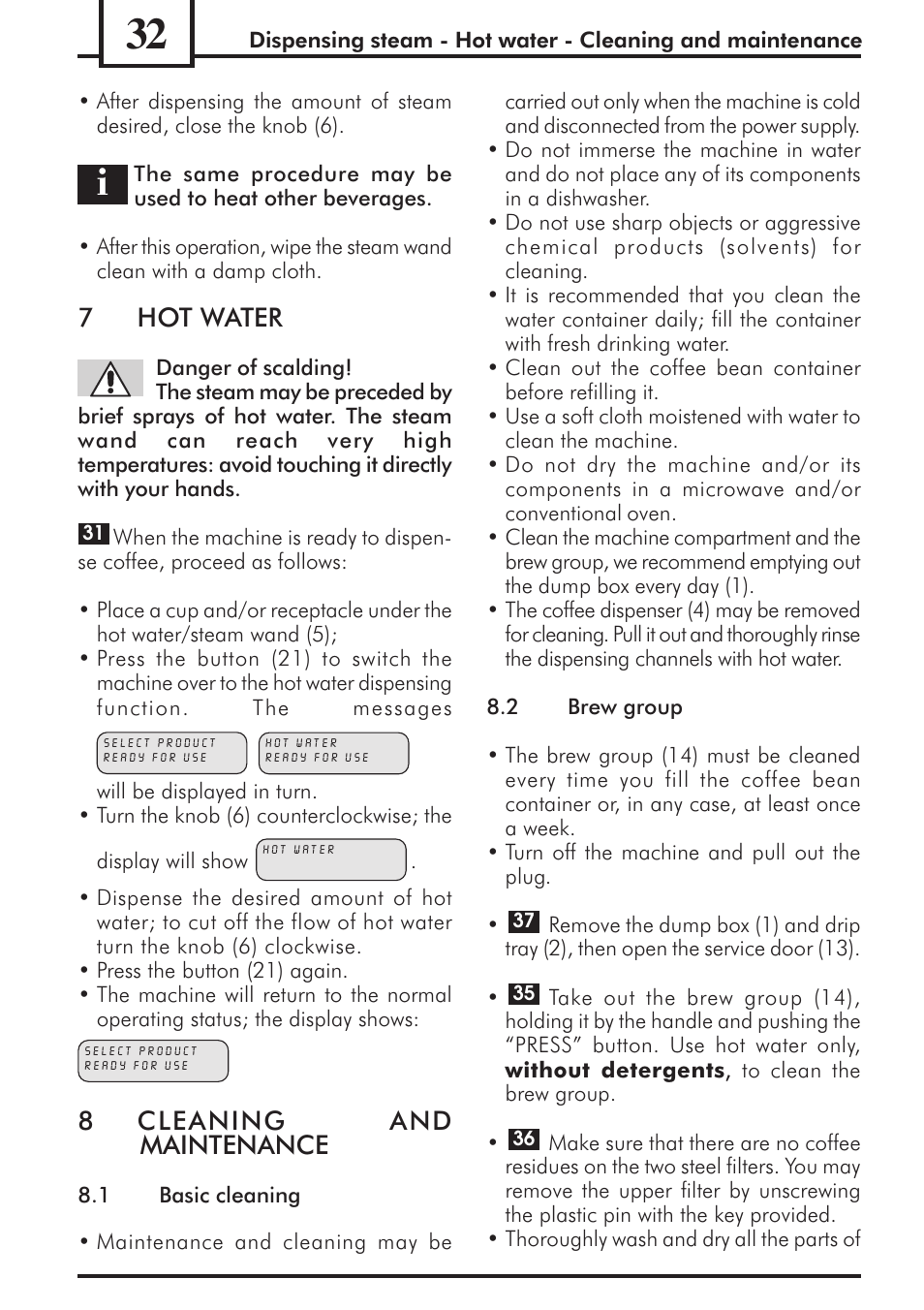 7hot wat er, 8cleaning and maintenance | Philips 741453007 User Manual | Page 32 / 132