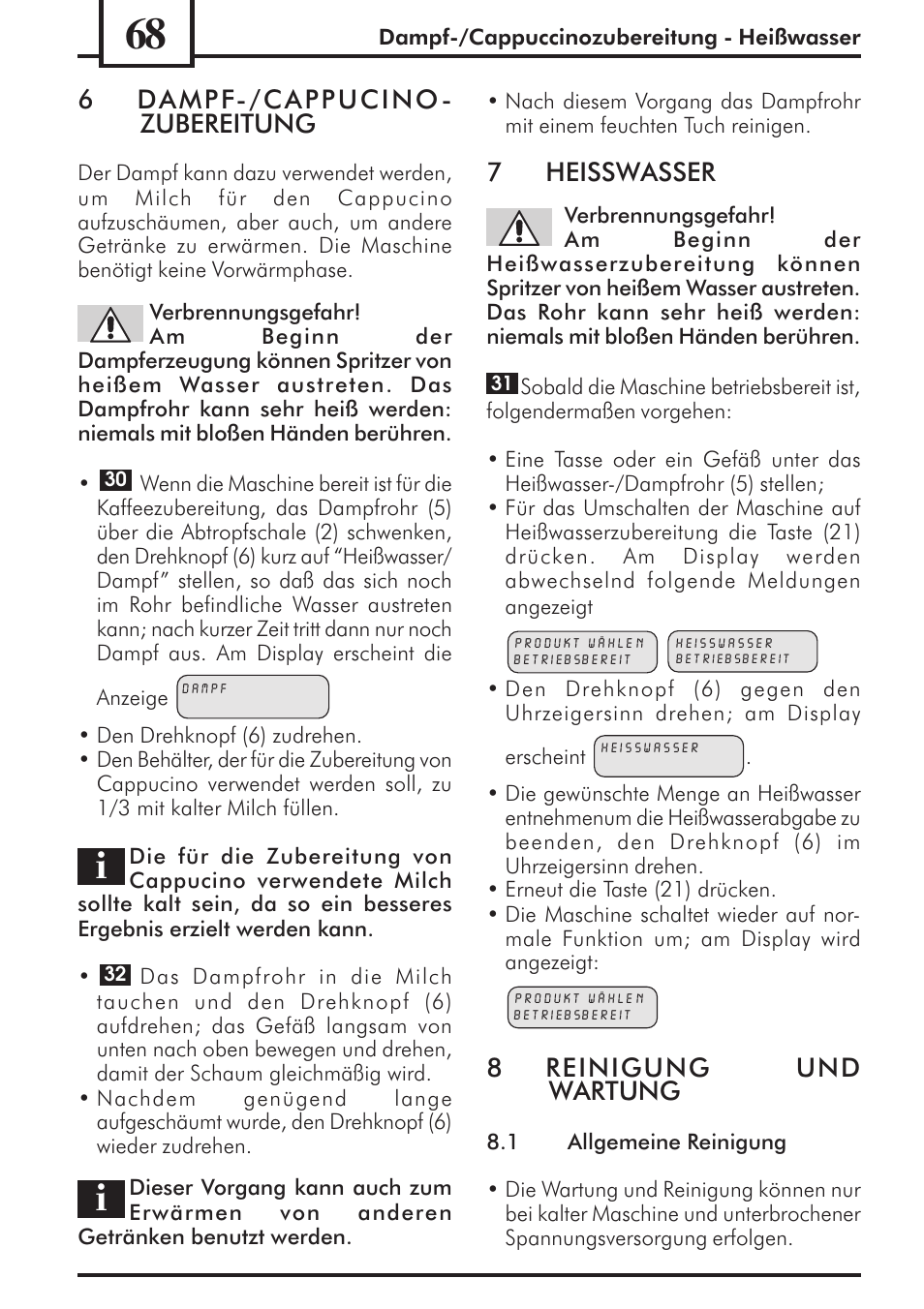 6dampf-/cappucino- zubereitung, 7heisswasser, 8reinigung und wartung | Philips 741453007 User Manual | Page 68 / 132