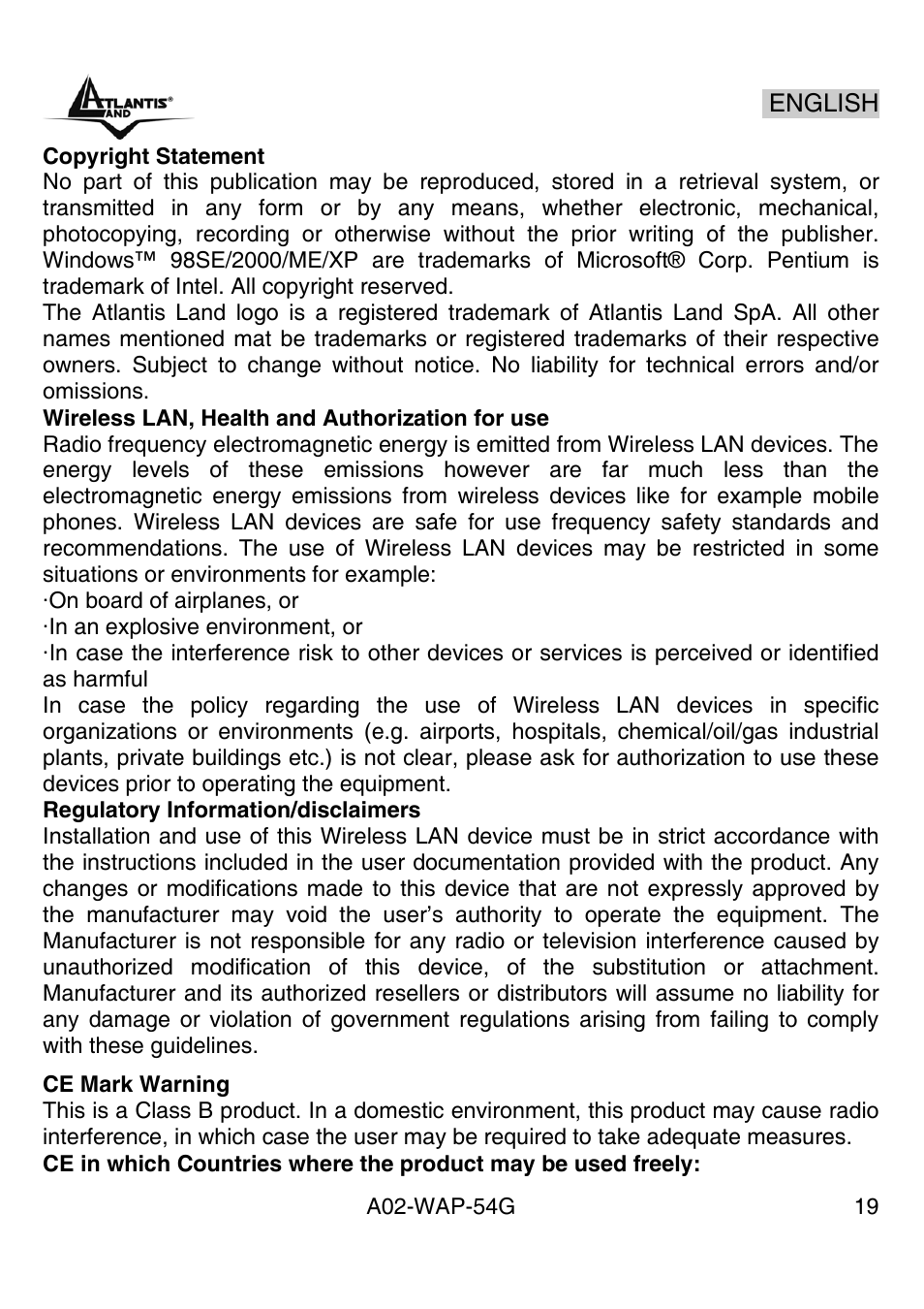 Atlantis Land A02-WAP-54G User Manual | Page 19 / 49