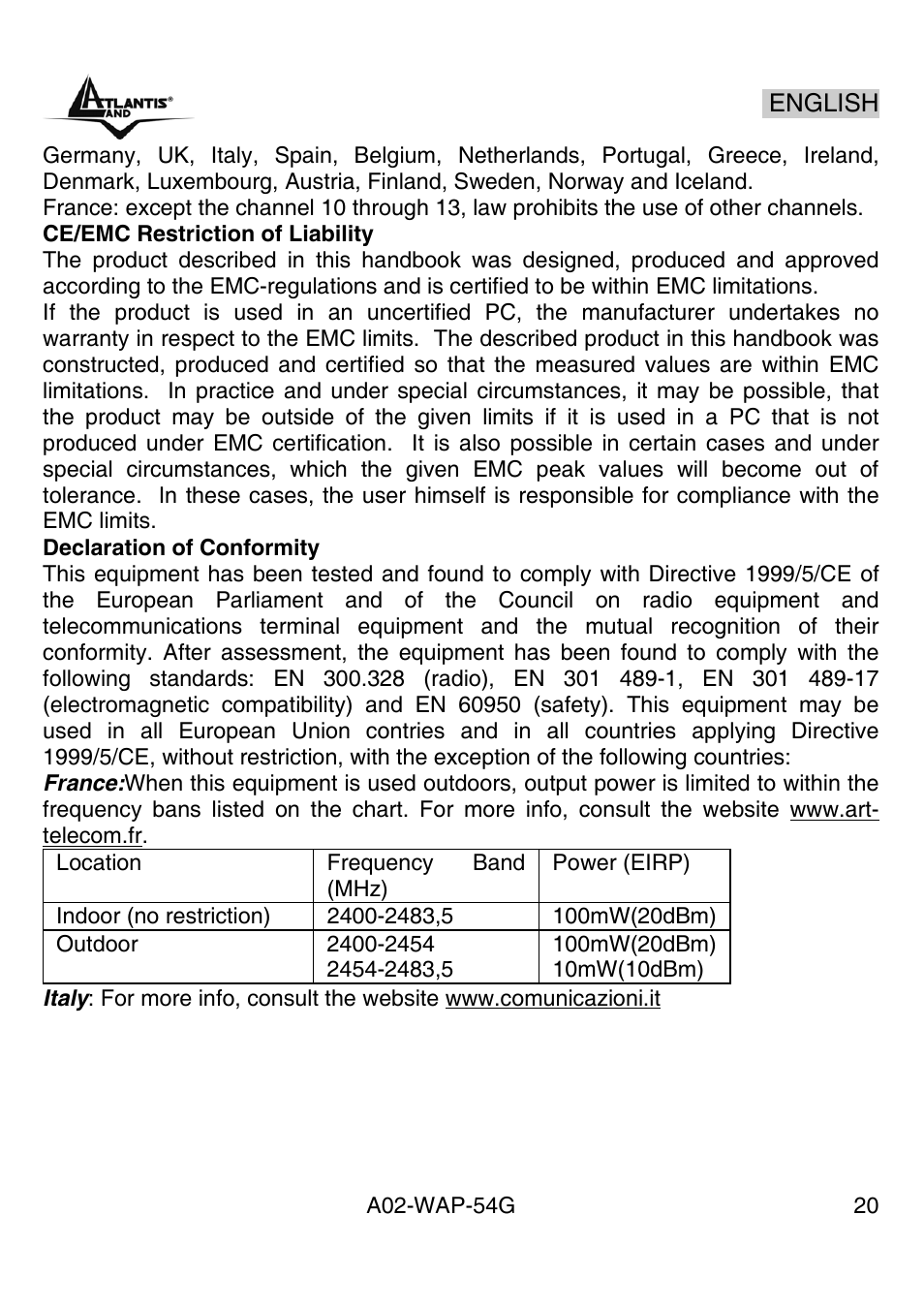 Atlantis Land A02-WAP-54G User Manual | Page 20 / 49