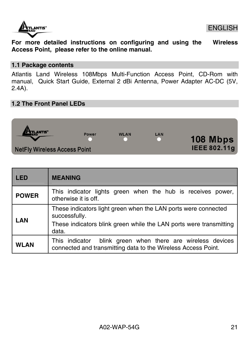 English | Atlantis Land A02-WAP-54G User Manual | Page 21 / 49