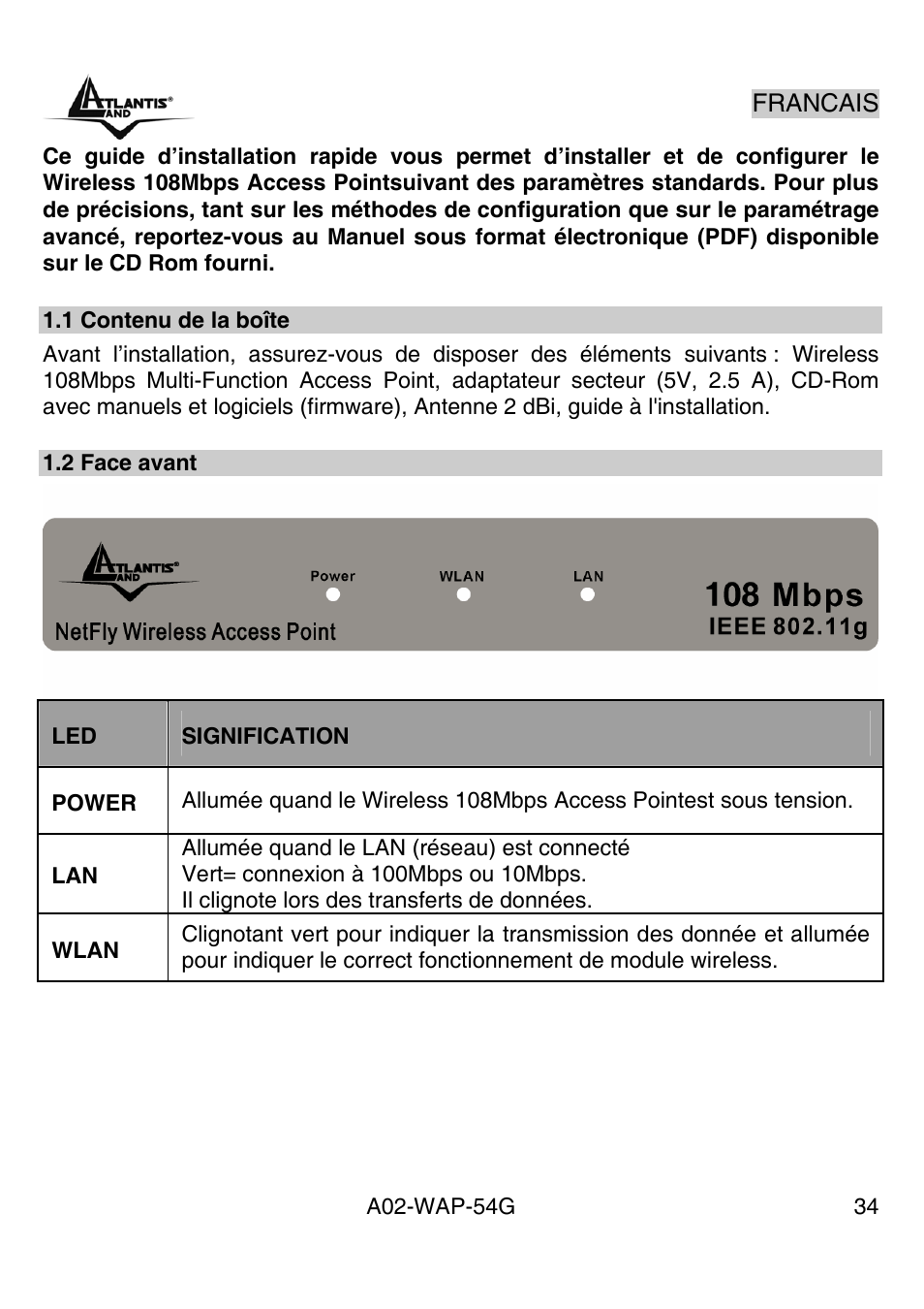 Francais | Atlantis Land A02-WAP-54G User Manual | Page 34 / 49