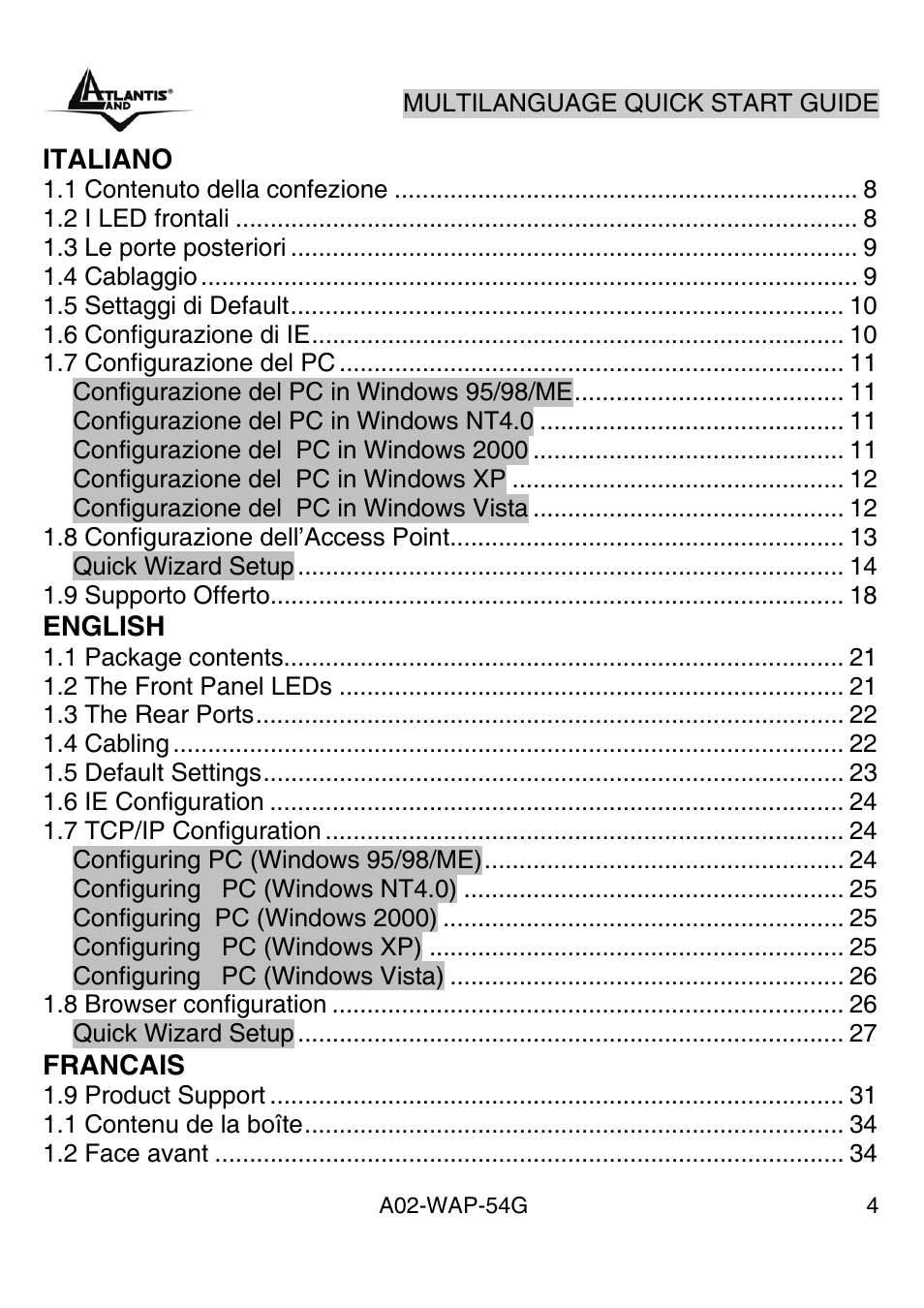 Index | Atlantis Land A02-WAP-54G User Manual | Page 4 / 49