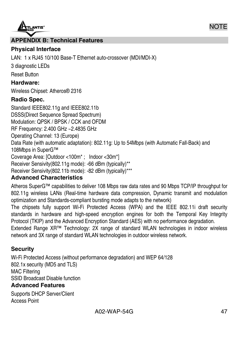 Appendix b:technical features | Atlantis Land A02-WAP-54G User Manual | Page 47 / 49