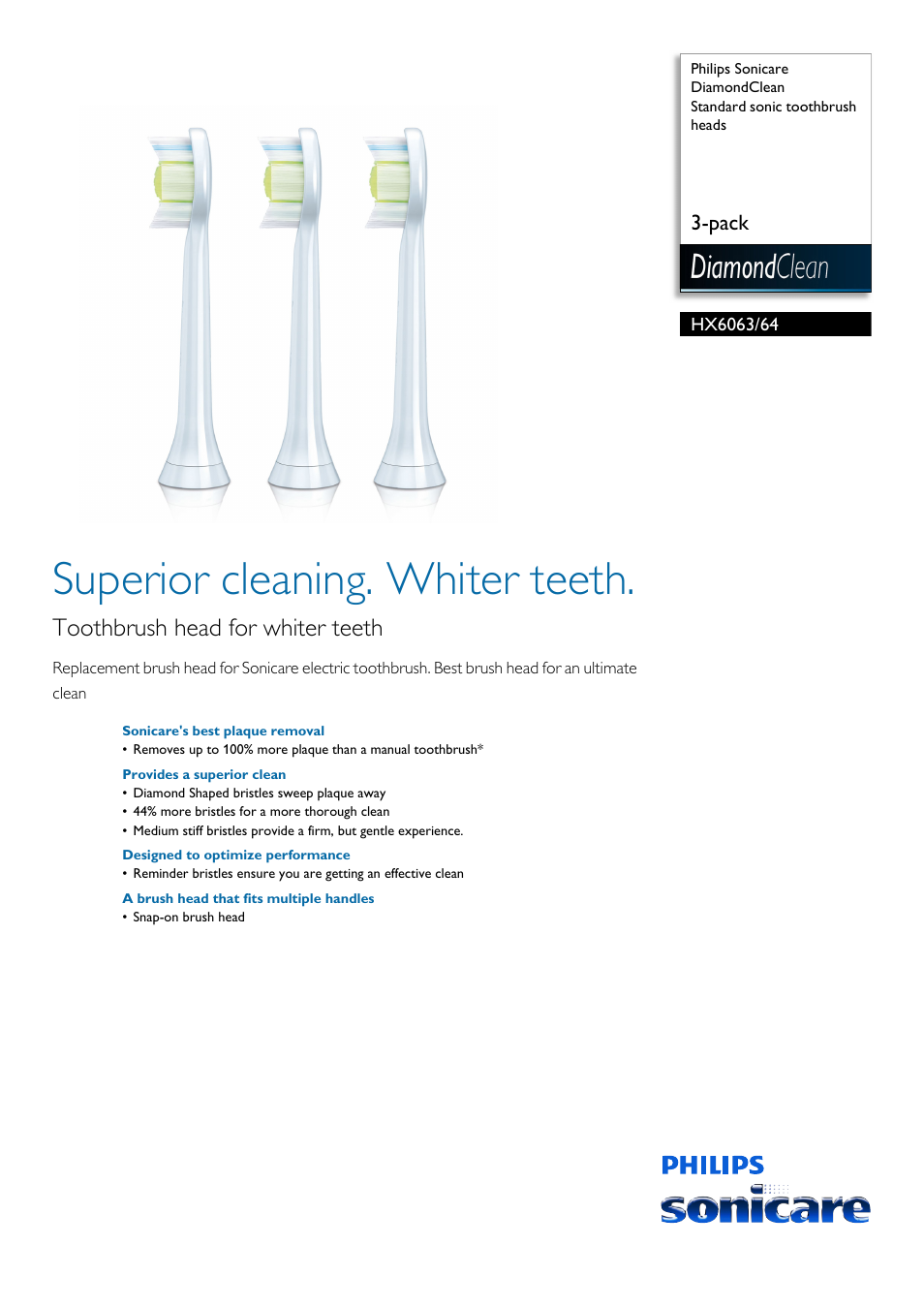 Philips Sonicare DiamondClean Standard sonic toothbrush heads HX6063-64 3-pack User Manual | 2 pages